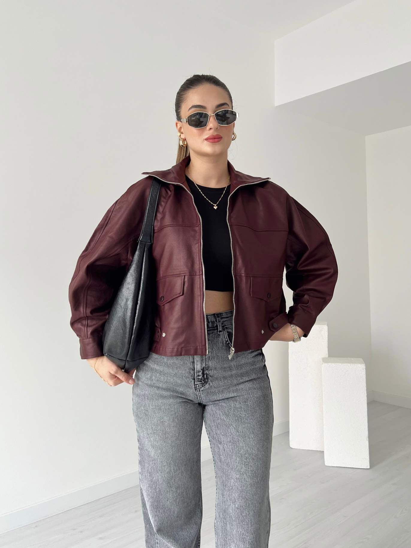 Oversize Mumlu Denim Ceket - Bordo