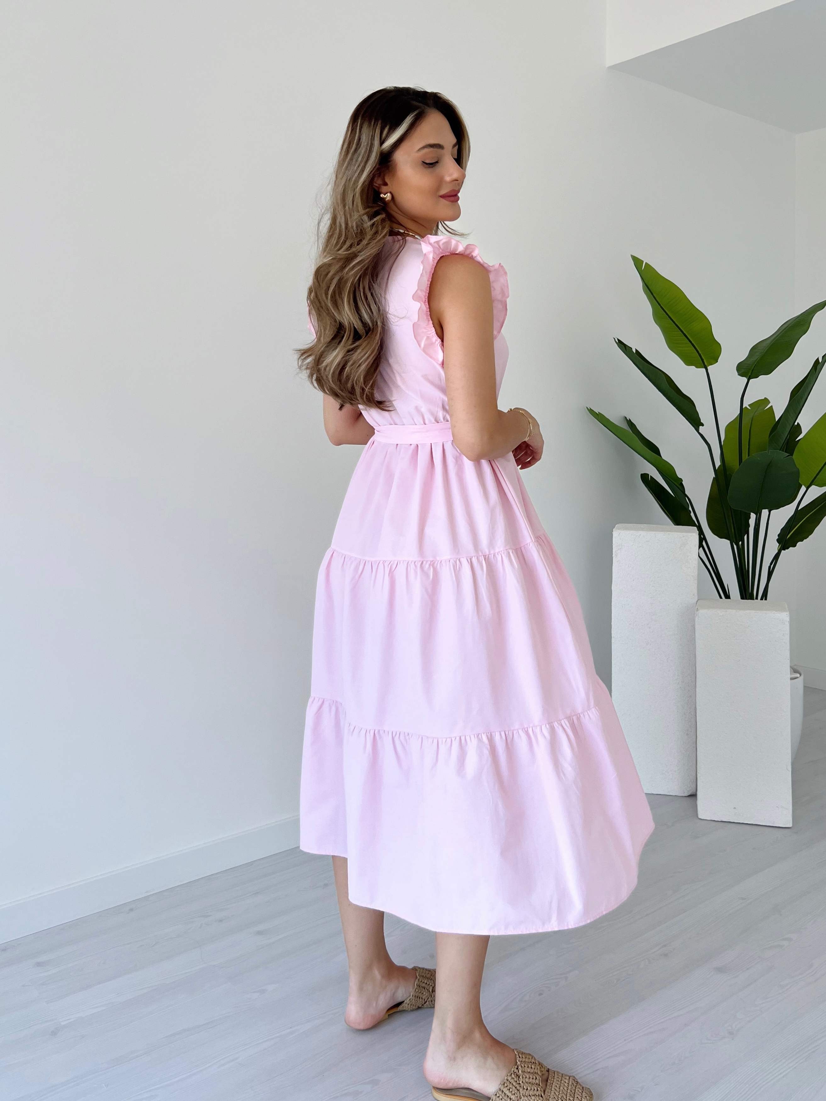 Yaka ve Kolları Fırfırlı Poplin Elbise - Açık Pembe