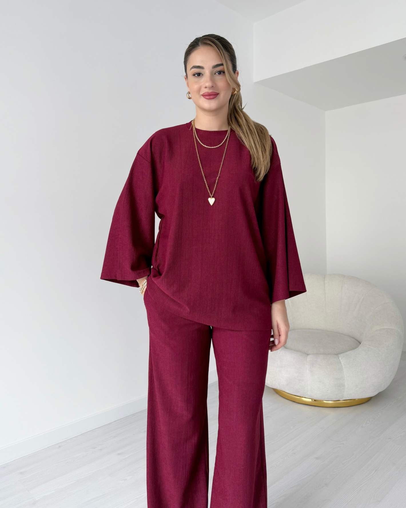 Rahat Kesim Gofre Kumaş İkili Takım - Bordo