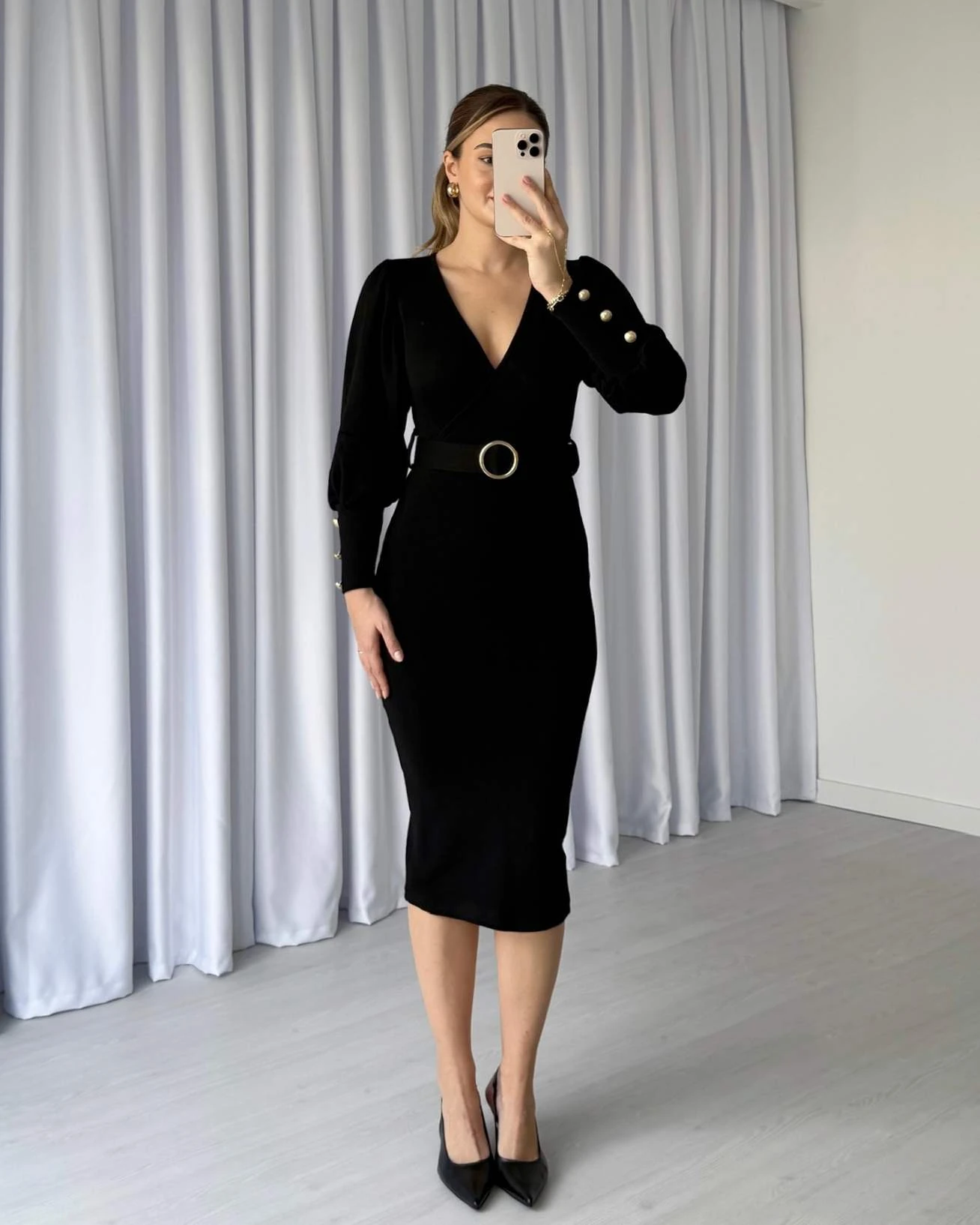 Kruvaze Yaka Kemerli Triko Elbise