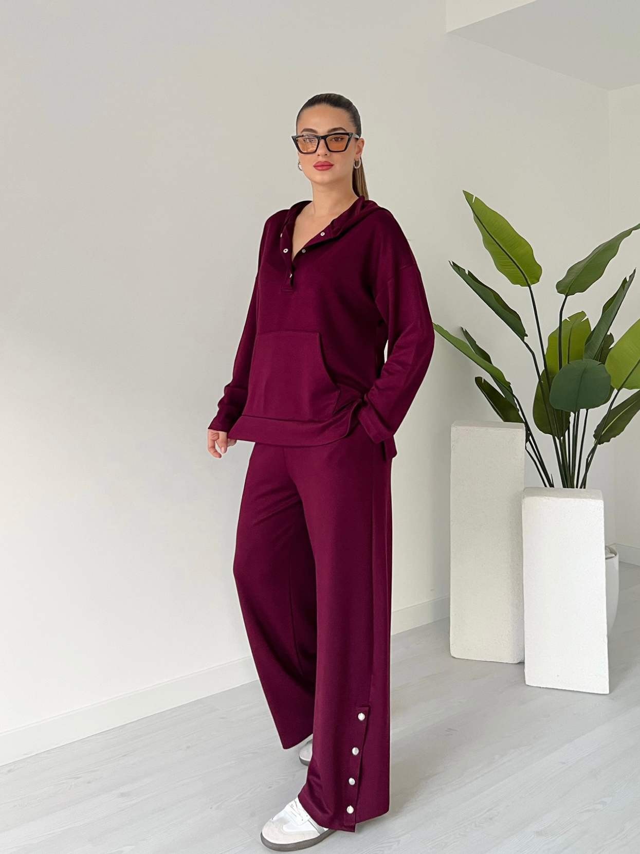 Kanguru Cep Çıtçıtlı Eşofman Takımı - Bordo