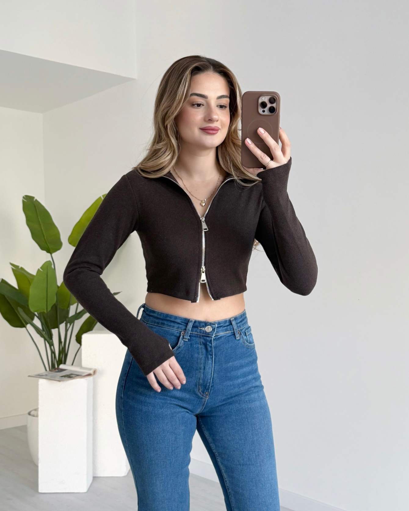 Çift Fermuarlı Parmak Geçirmeli Hırka - Kahve