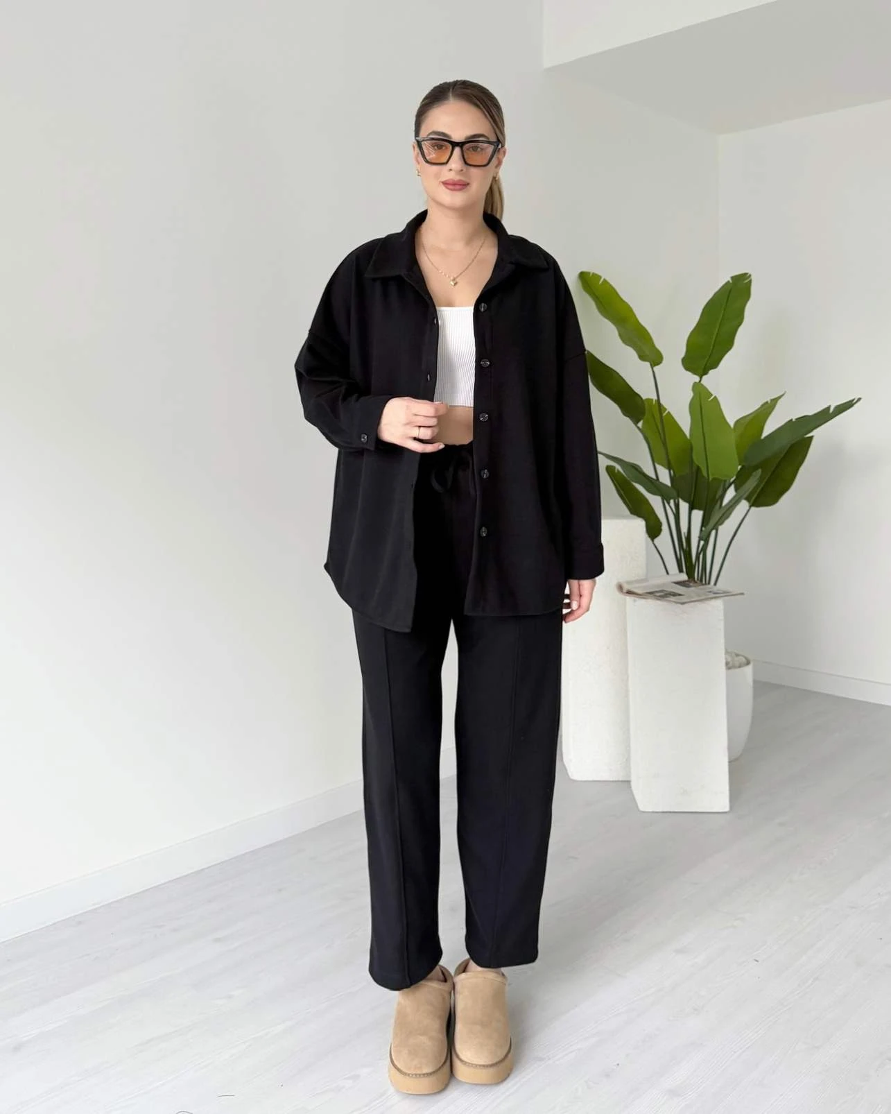 Kısa Paça Gömlekli Oversize Takım - Siyah
