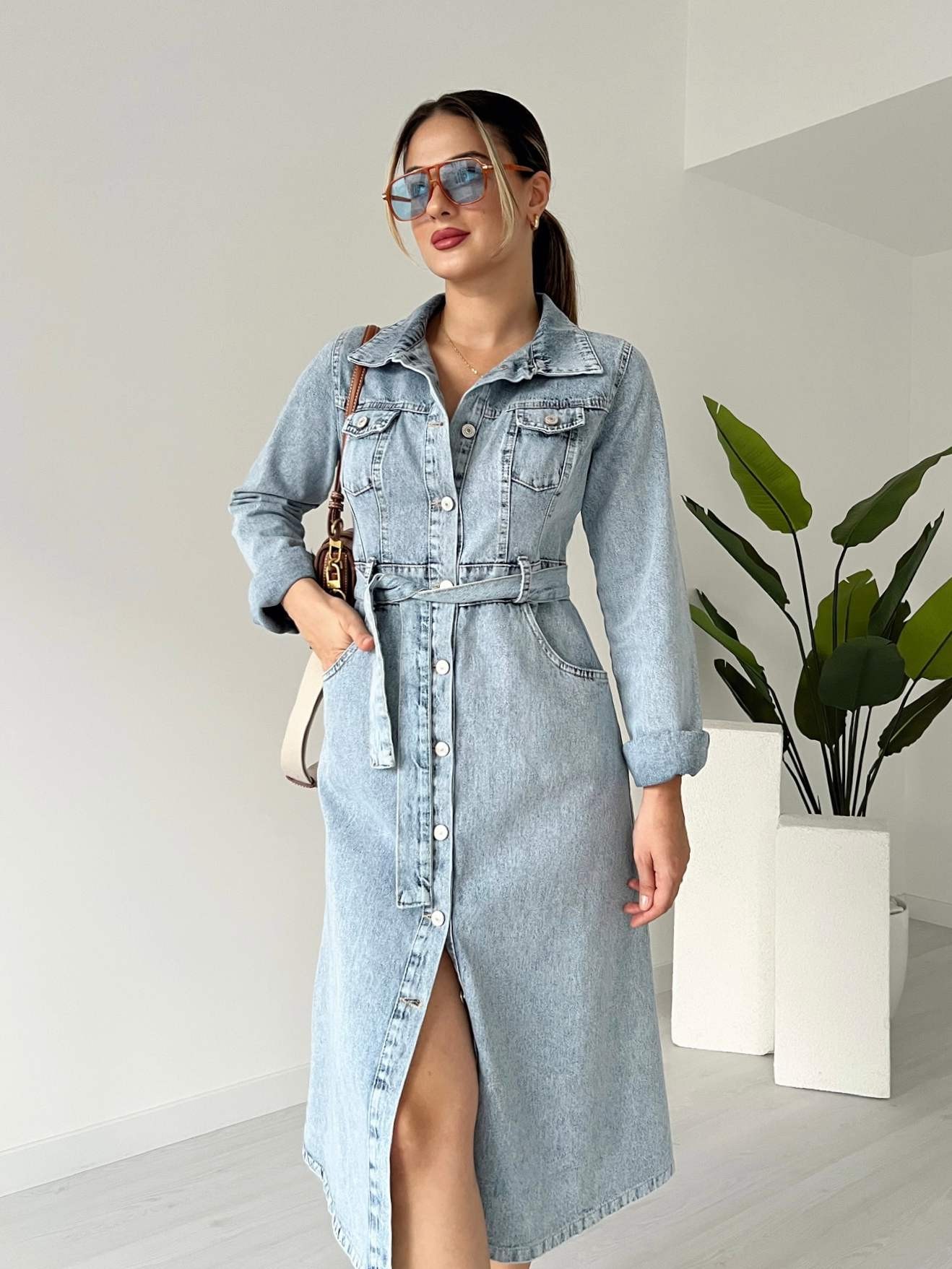Uzun Kol Kuşaklı Denim Elbise