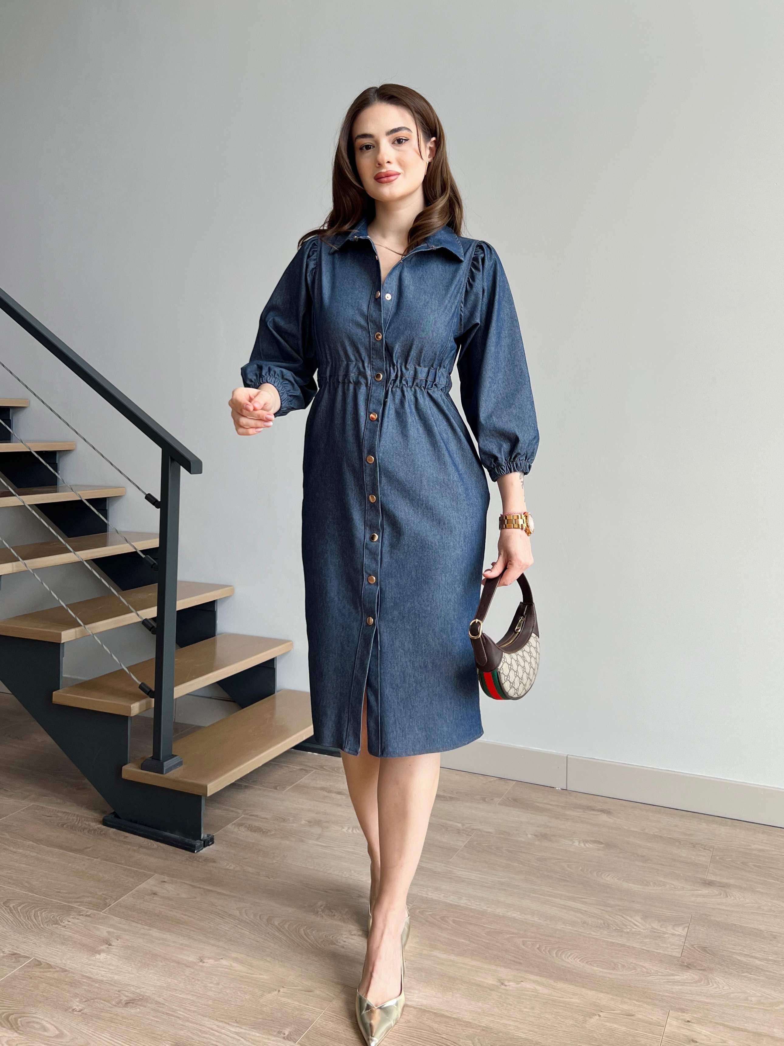 Beli Lastikli Çıtçıtlı Denim Elbise