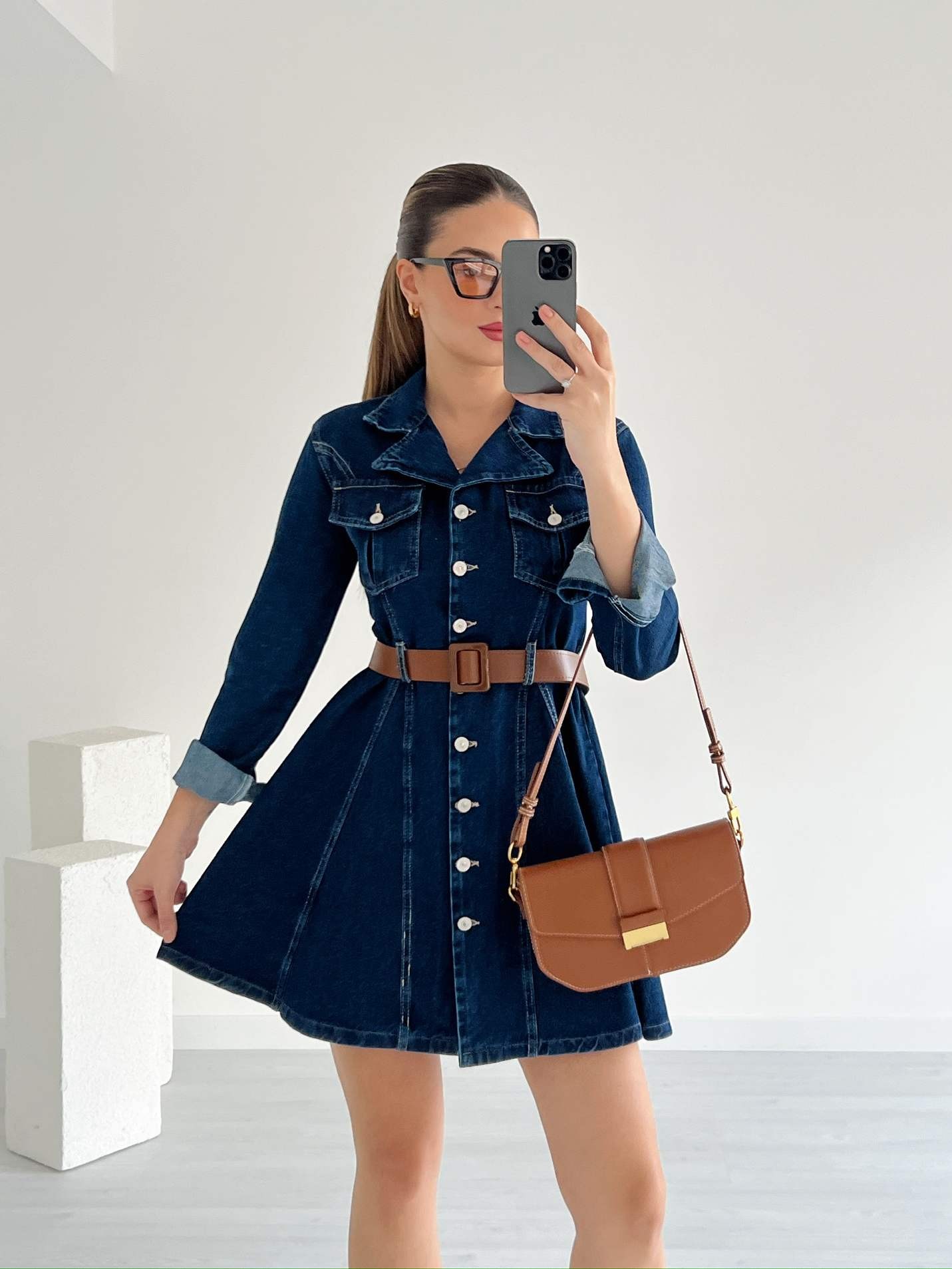 Uzun Kollu Eteği Kloş Denim Elbise
