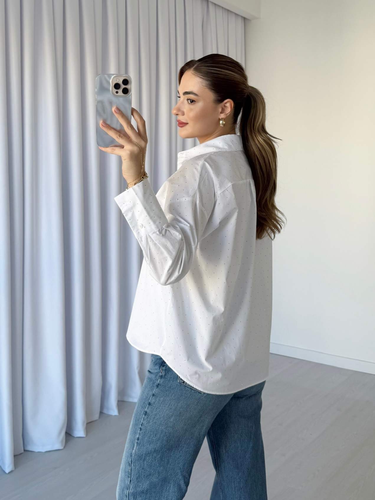 Taş Süslemeli Poplin Gömlek