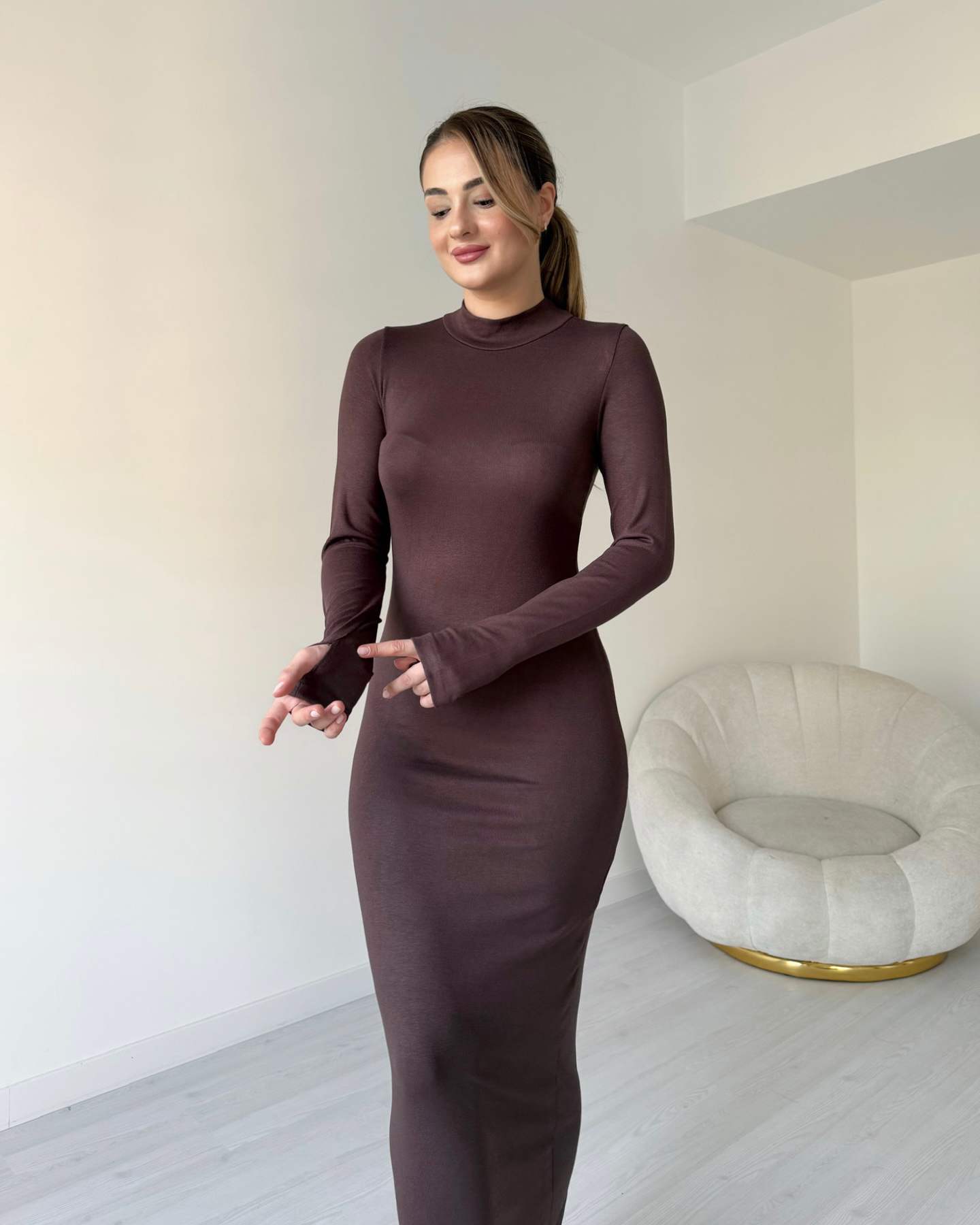 Parmak Geçirmeli Uzun Basic Elbise