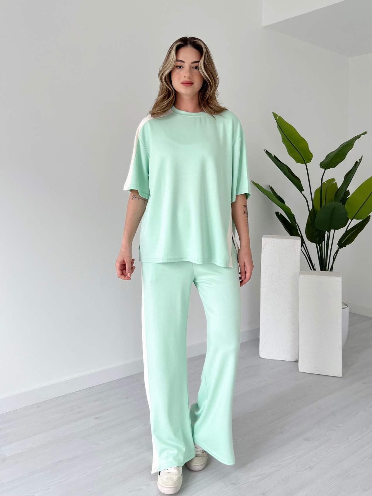 Paça Yırtmaçlı Şeritli Modal Takım - Mint Yeşil