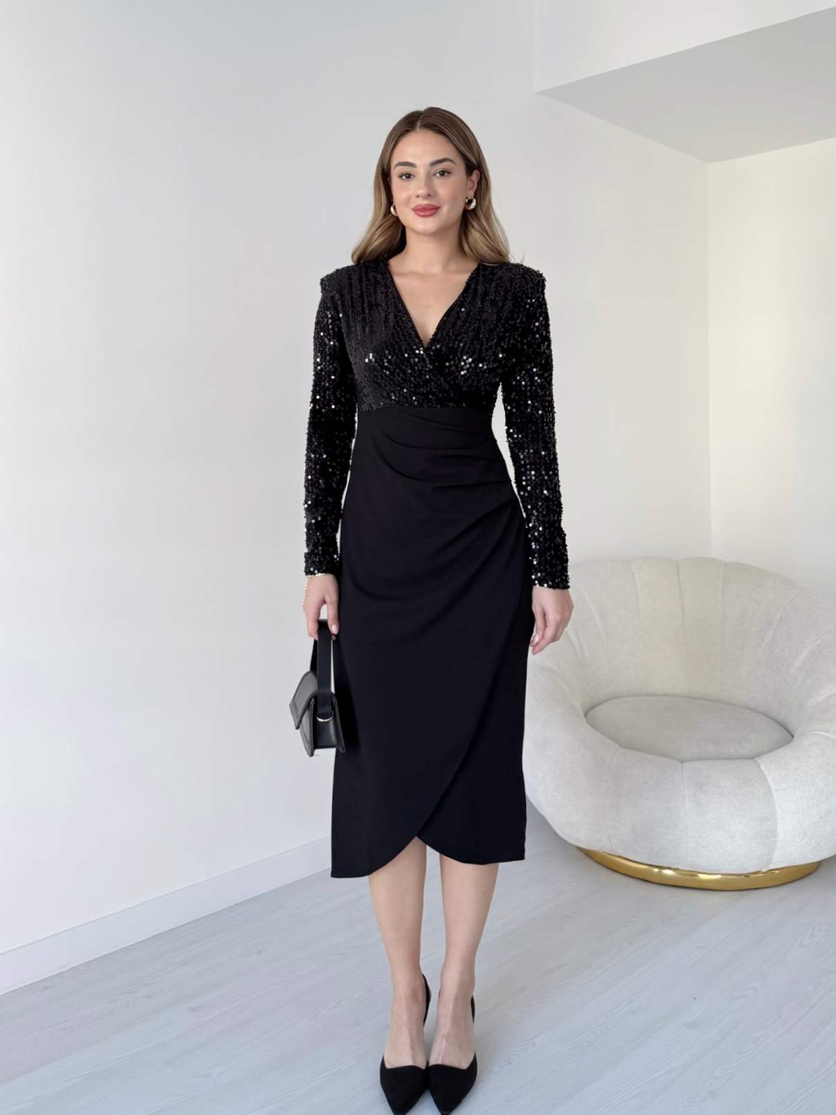 Kruvaze Yaka Midi Boy Payetli Elbise