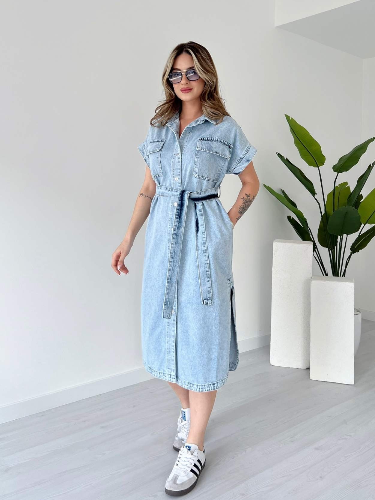 Kar Yıkama Çıtçıtlı Midi Denim Elbise - Kar Yıkama