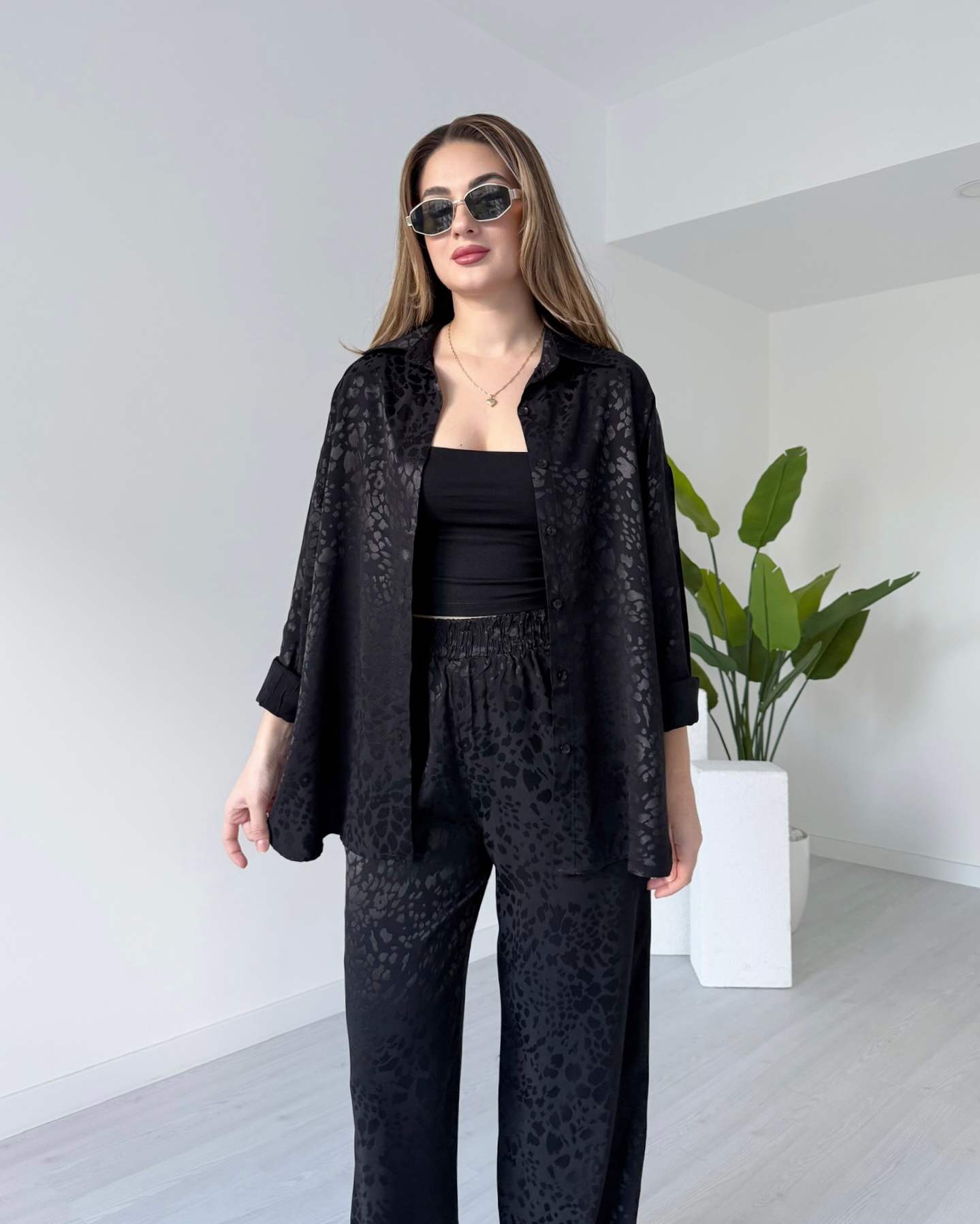 Leopar Desenli Saten Takım