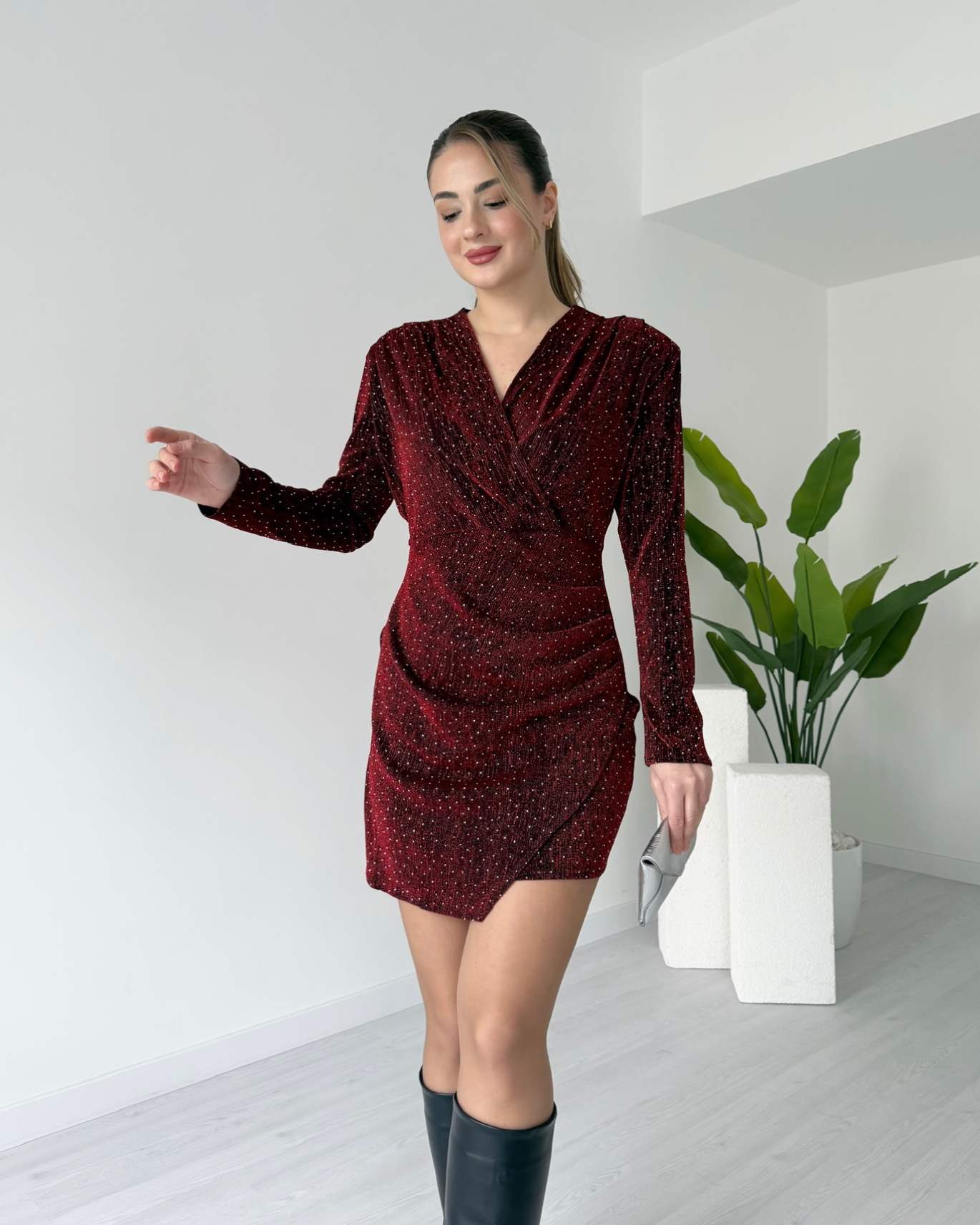 Kruvaze Yaka Parıltılı DIANA Elbise