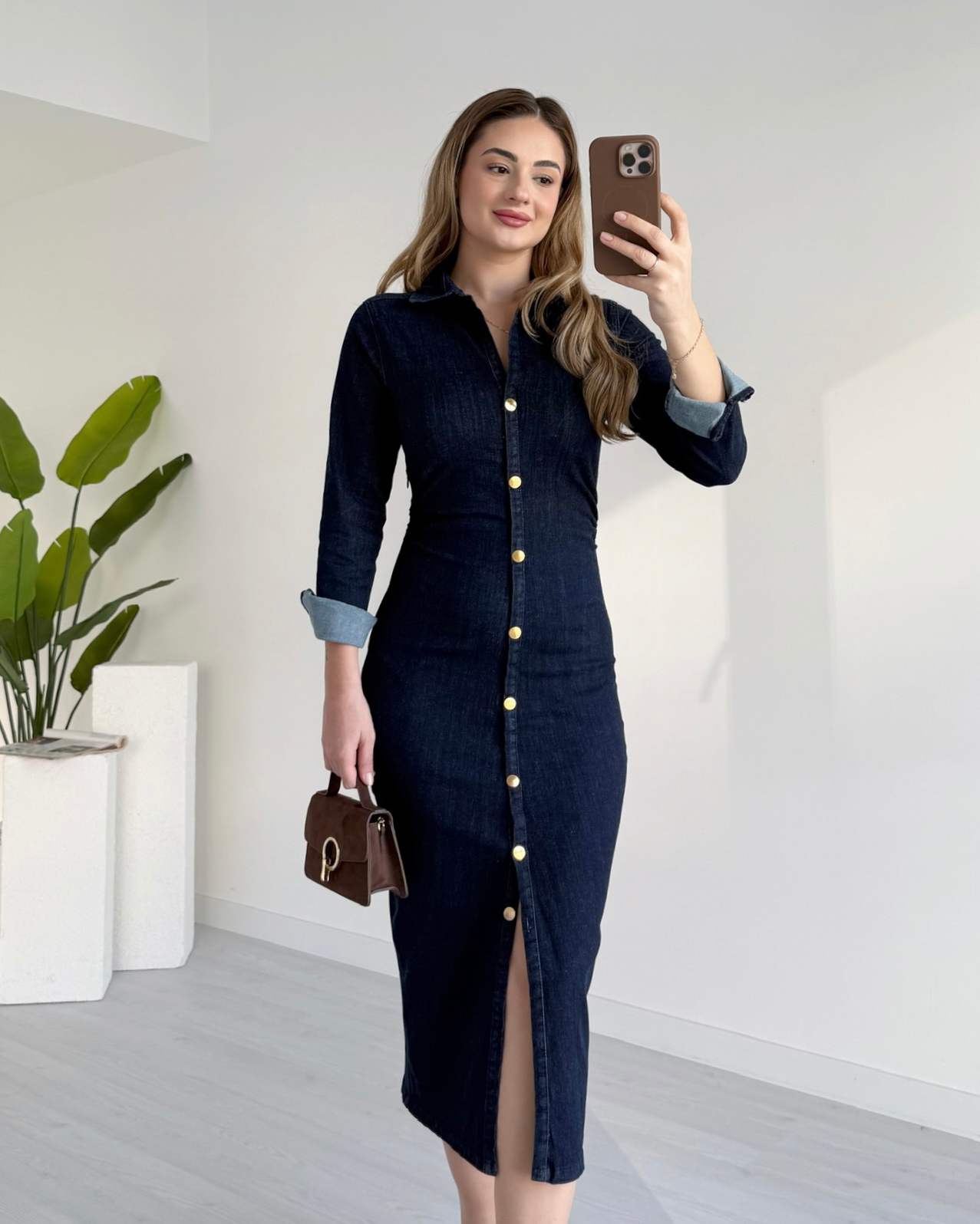 Midi Boy Likralı Denim Elbise