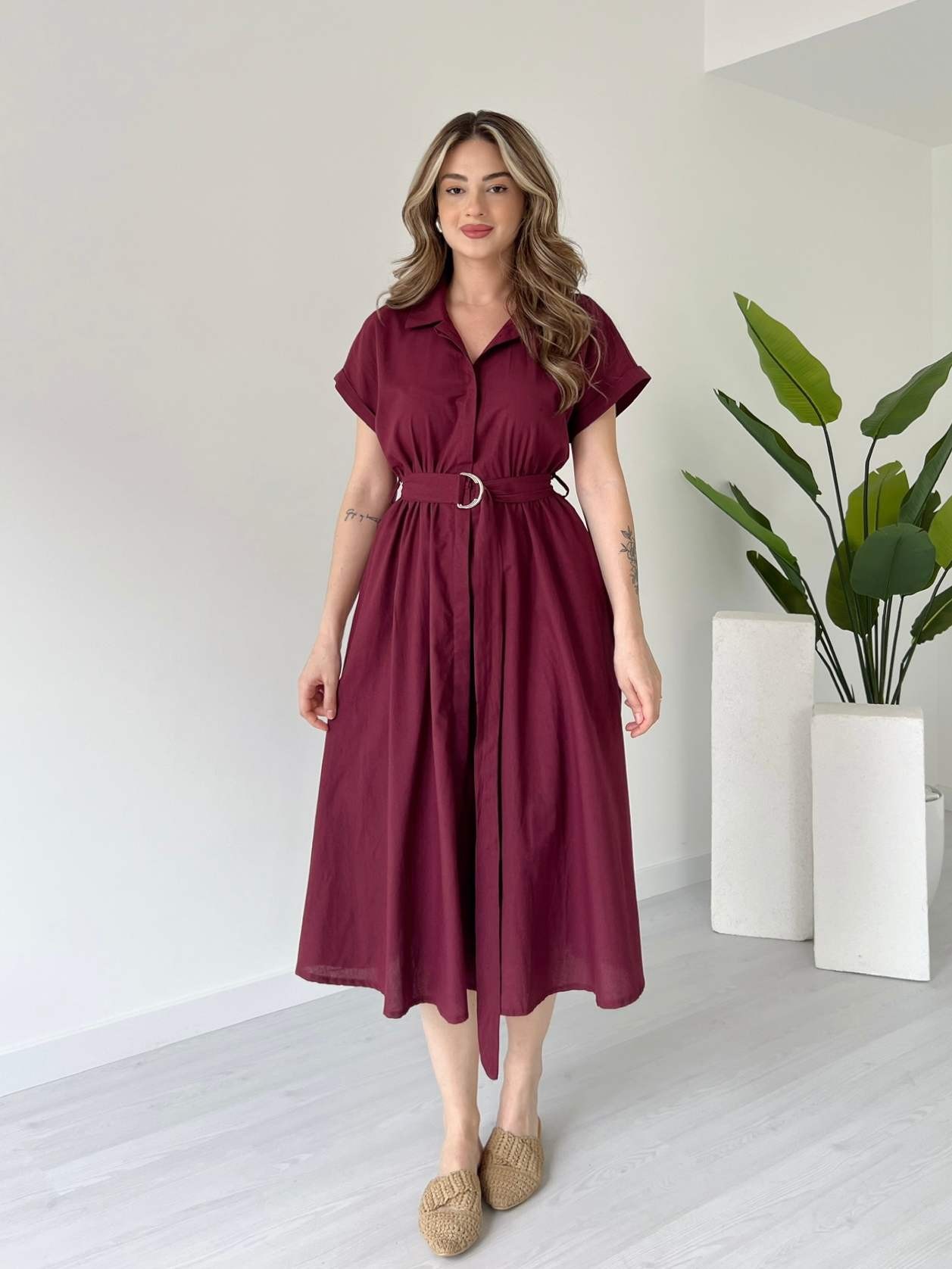 Önü Düğmeli Kuşaklı Poplin Elbise - Bordo