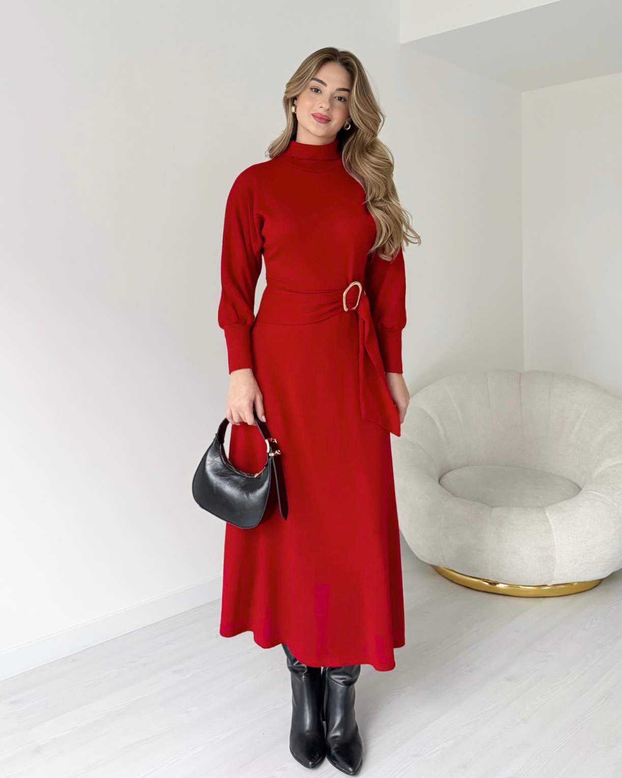 Balıkçı Yaka Kuşak Detaylı Triko Elbise - Kırmızı