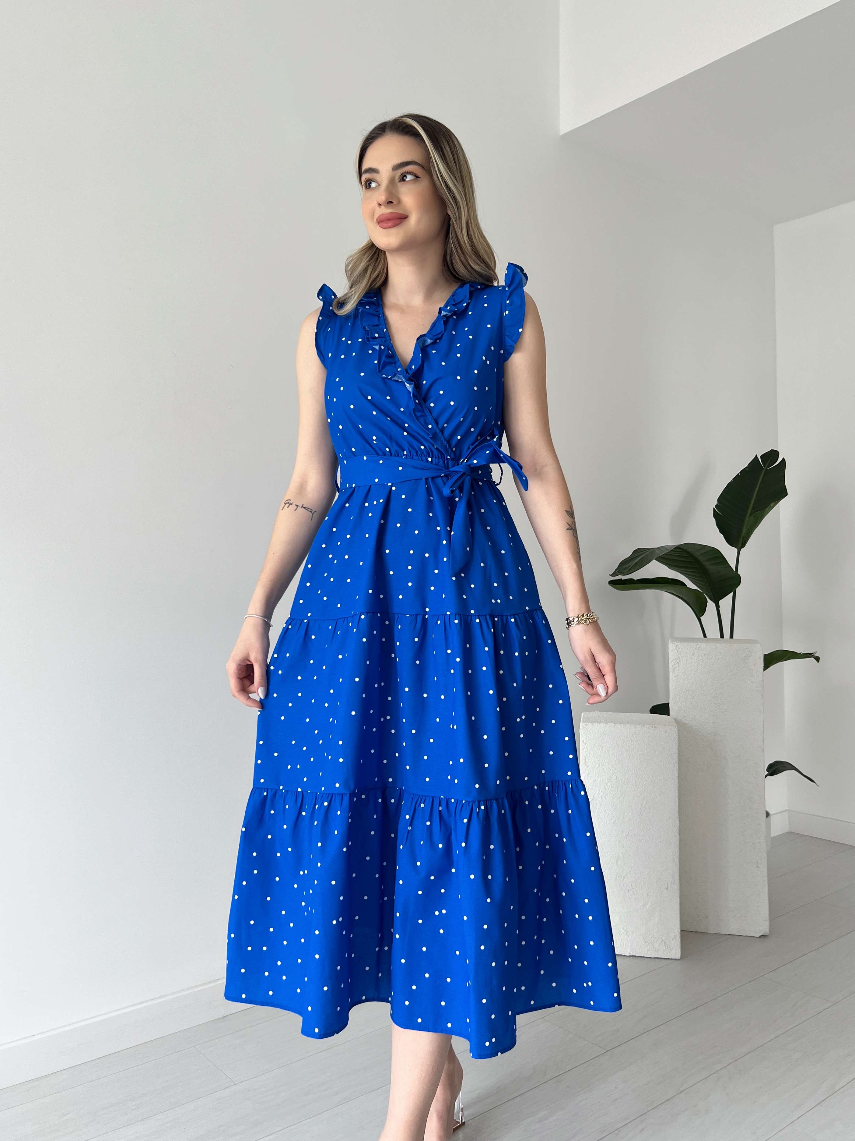 Fırfır Detaylı Puantiyeli Elbise  - Mavi
