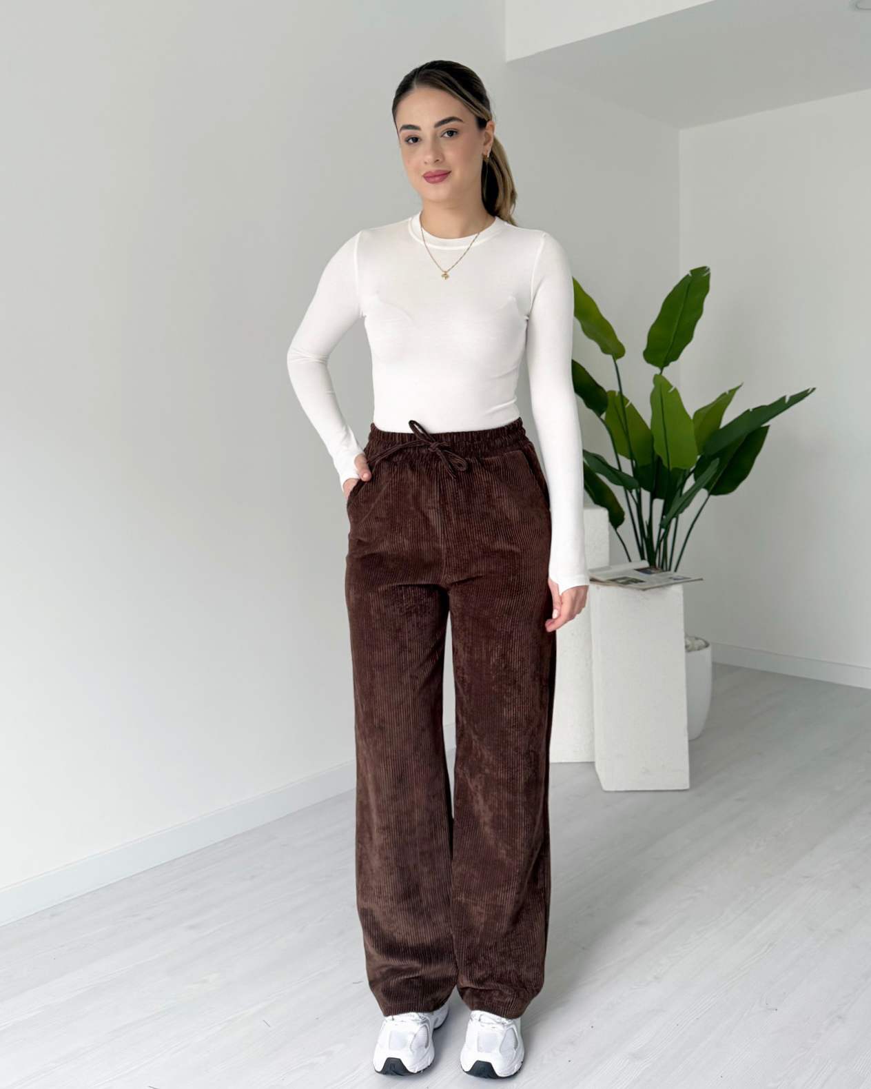 Fitilli Palazzo Kadife Pantolon - Kahve