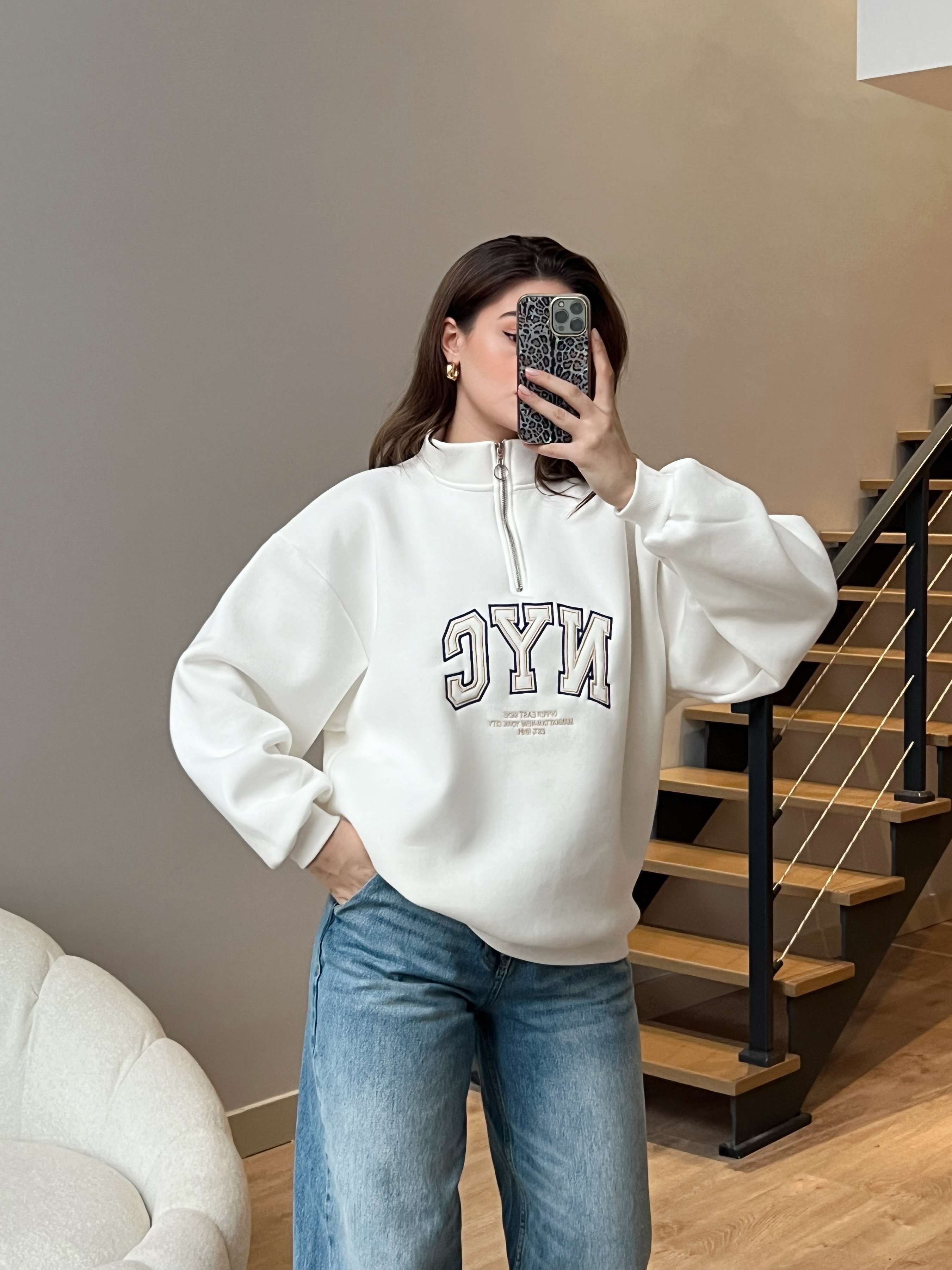 NYC Fermuarlı Sweatshirt - Beyaz