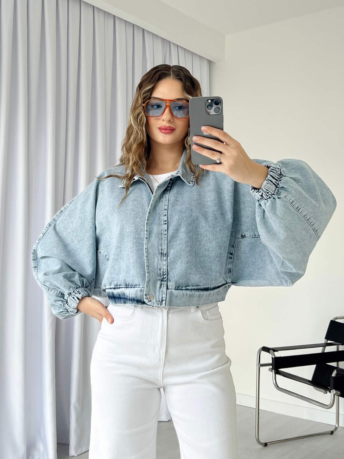 Crop Denim Bomber
