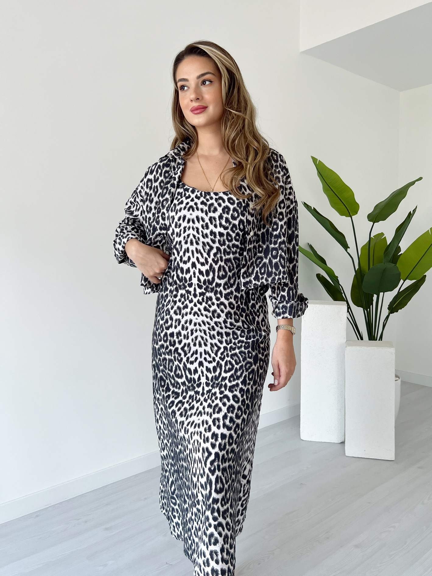 Leopar Desenli Elbise Gömlek Takım