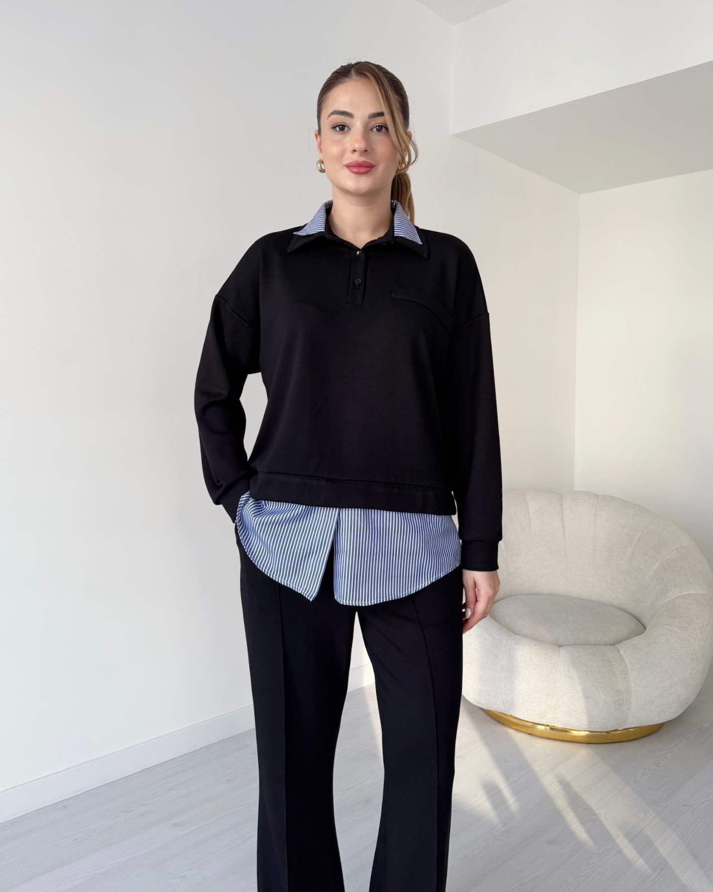 Gömlek Detaylı Premium Modal Takım - Siyah