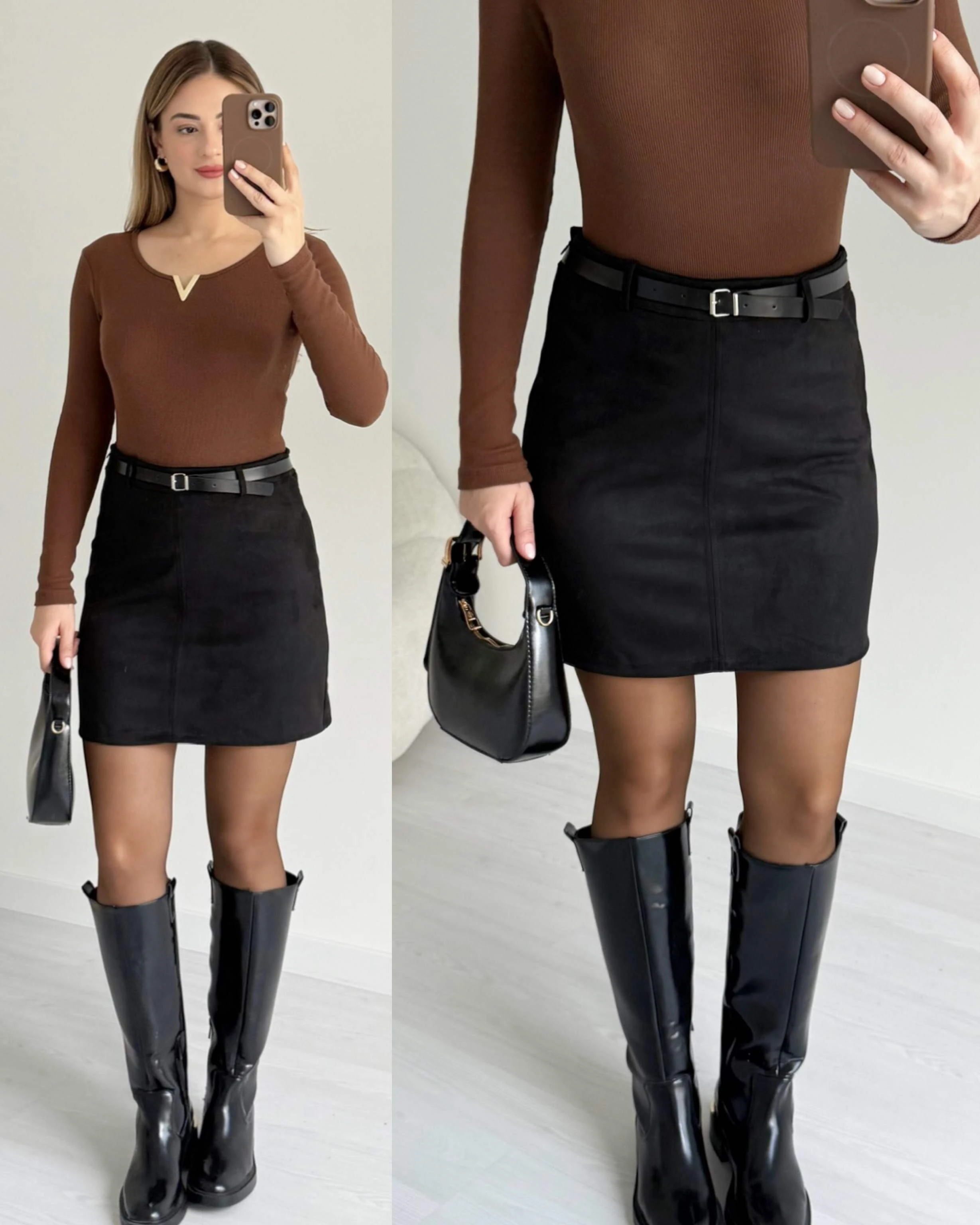 Kemerli Süet Etek - Siyah