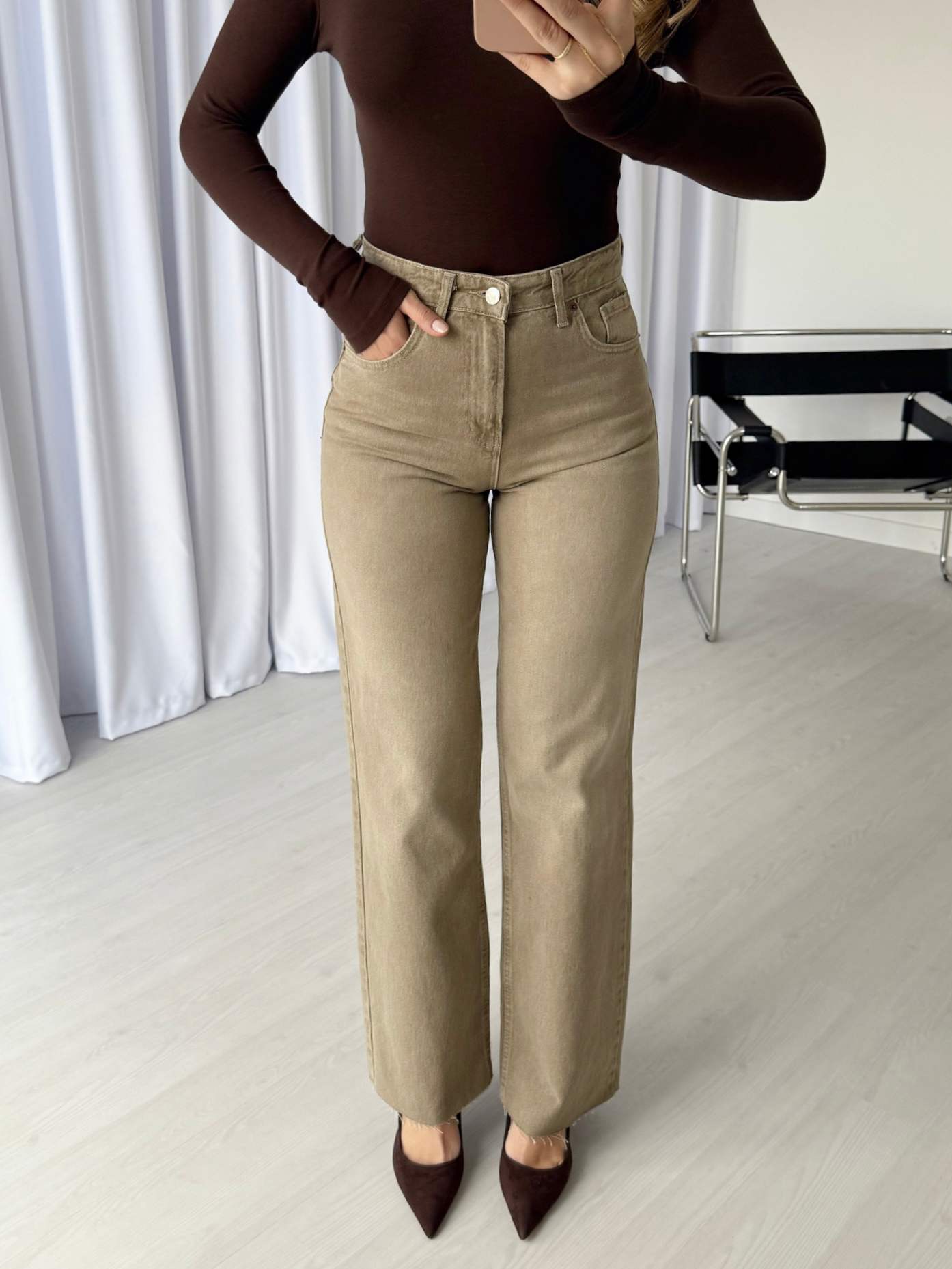 Eskitme Bej Kesik Paça Premium Straight Jean
