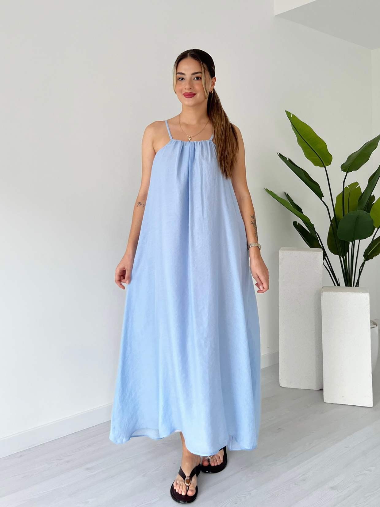 İp Askılı Astarlı Maxi Elbise - Bebe Mavi