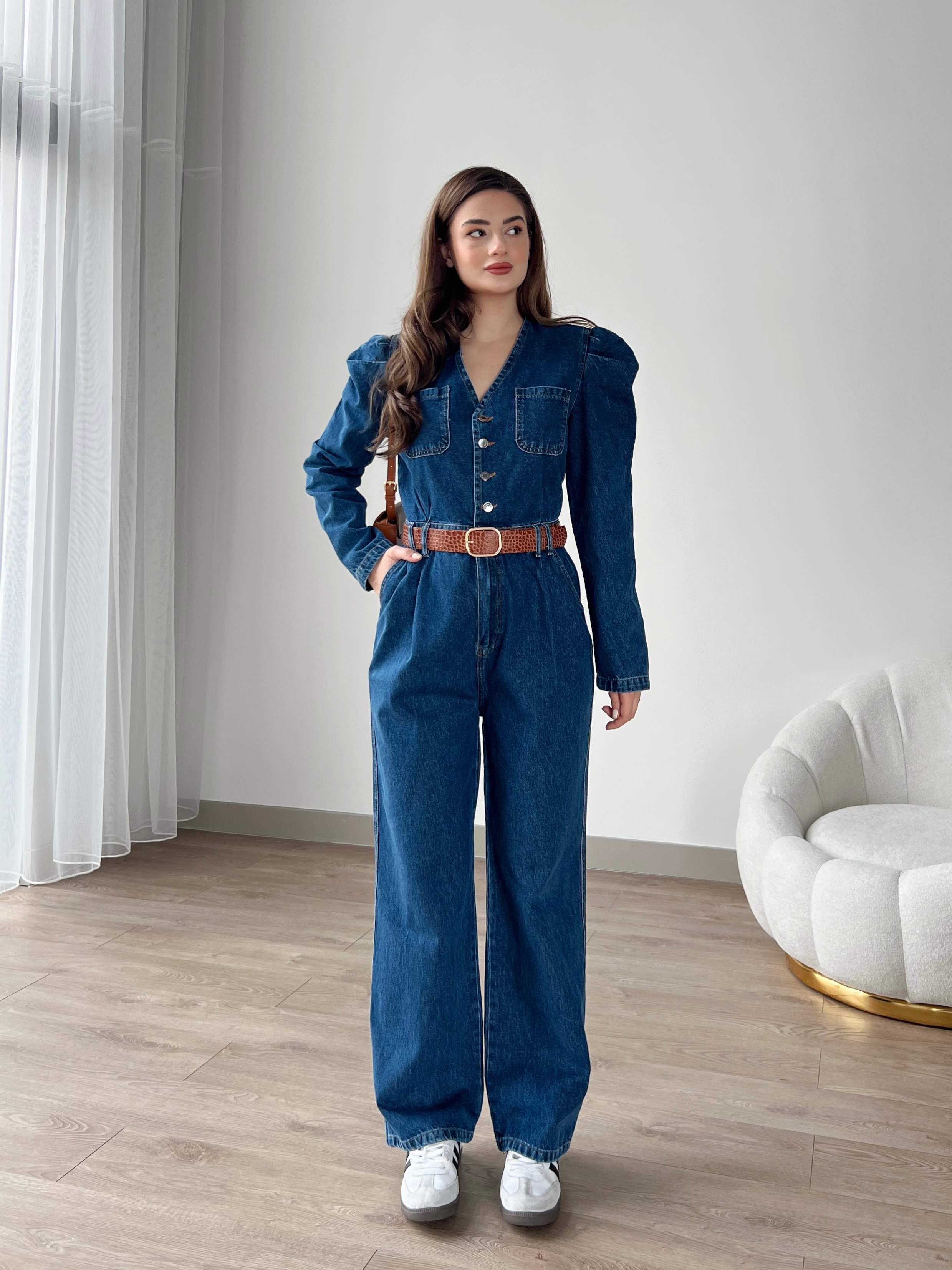 Omuz Detaylı Kemerli Denim Tulum