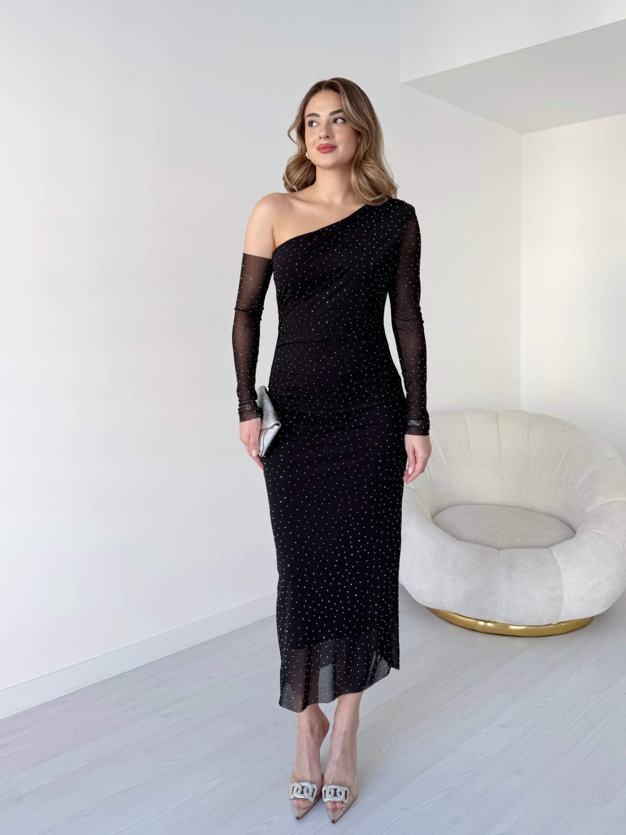 Tek Omuz Işıltılı Tül Elbise