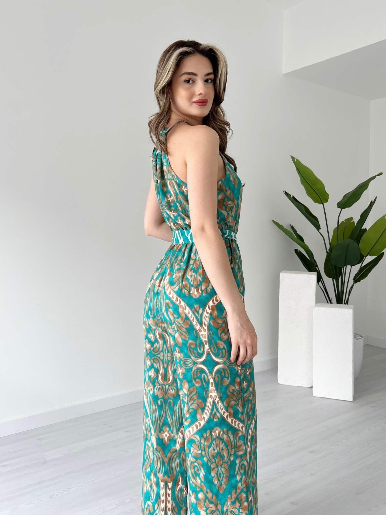Desenli Halter Yaka Viskon Tulum - Su Yeşili