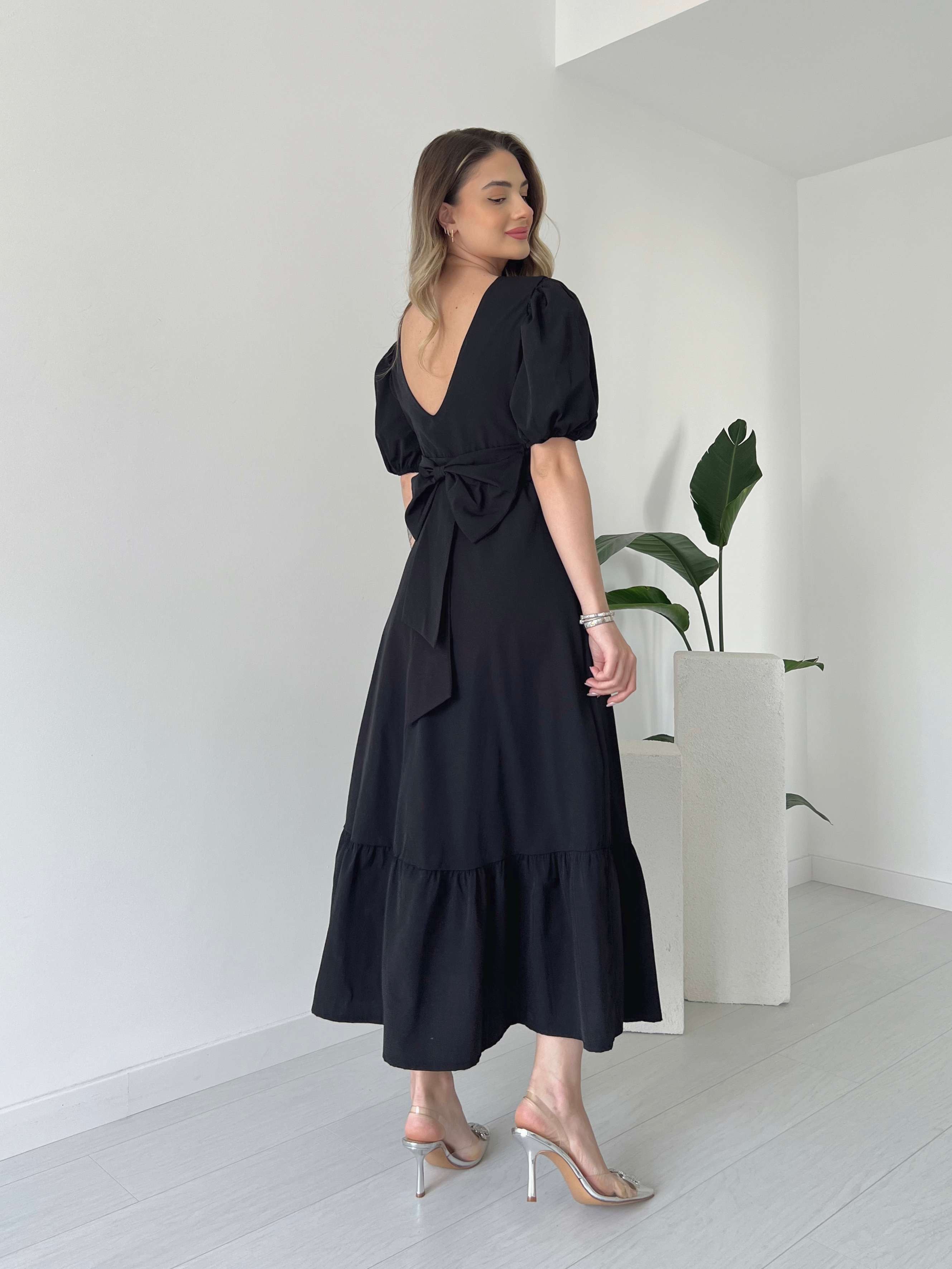 Sırtı Fiyonklu Poplin Elbise - Siyah