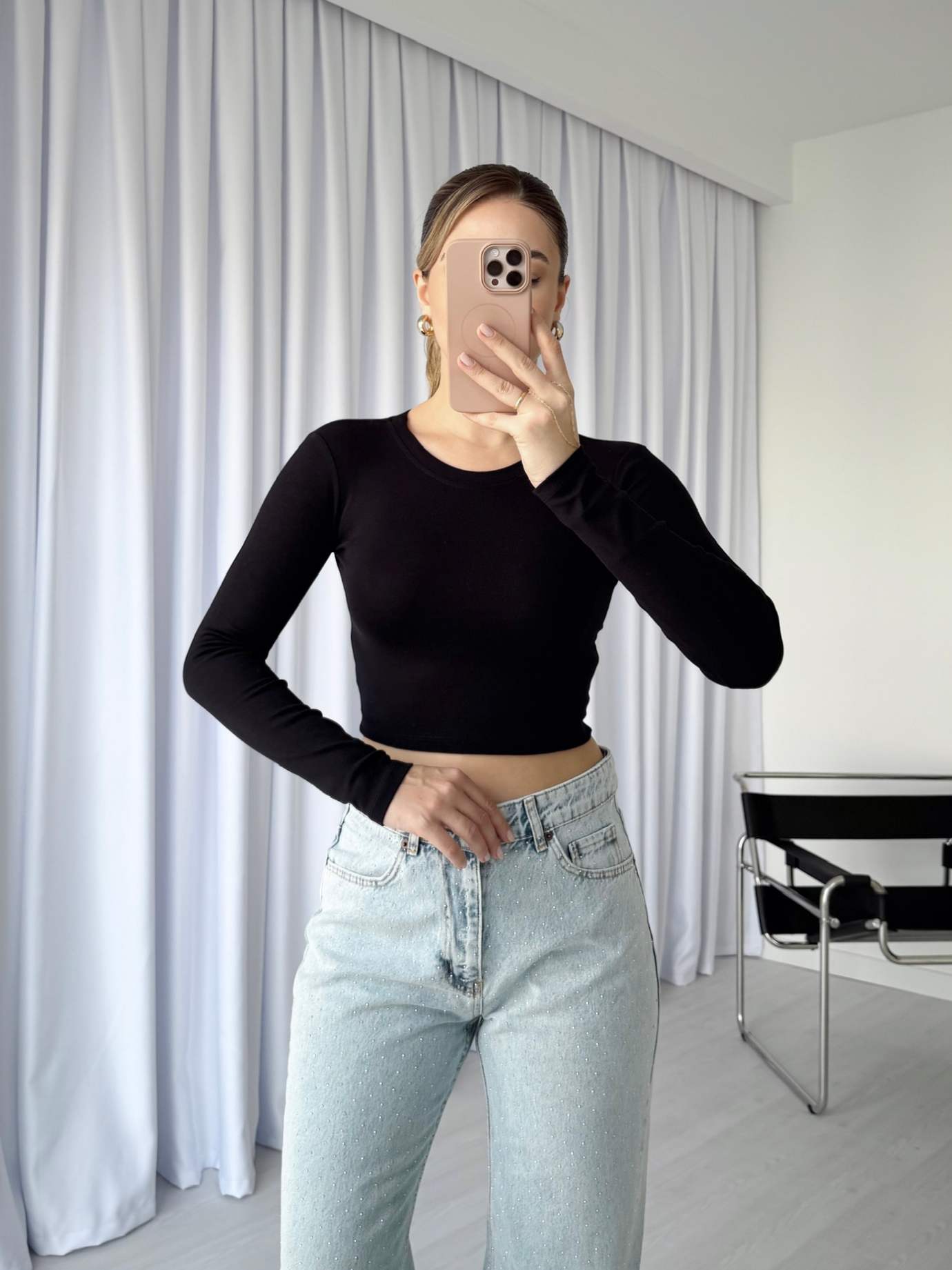 Uzun Kollu Basic Crop - Siyah