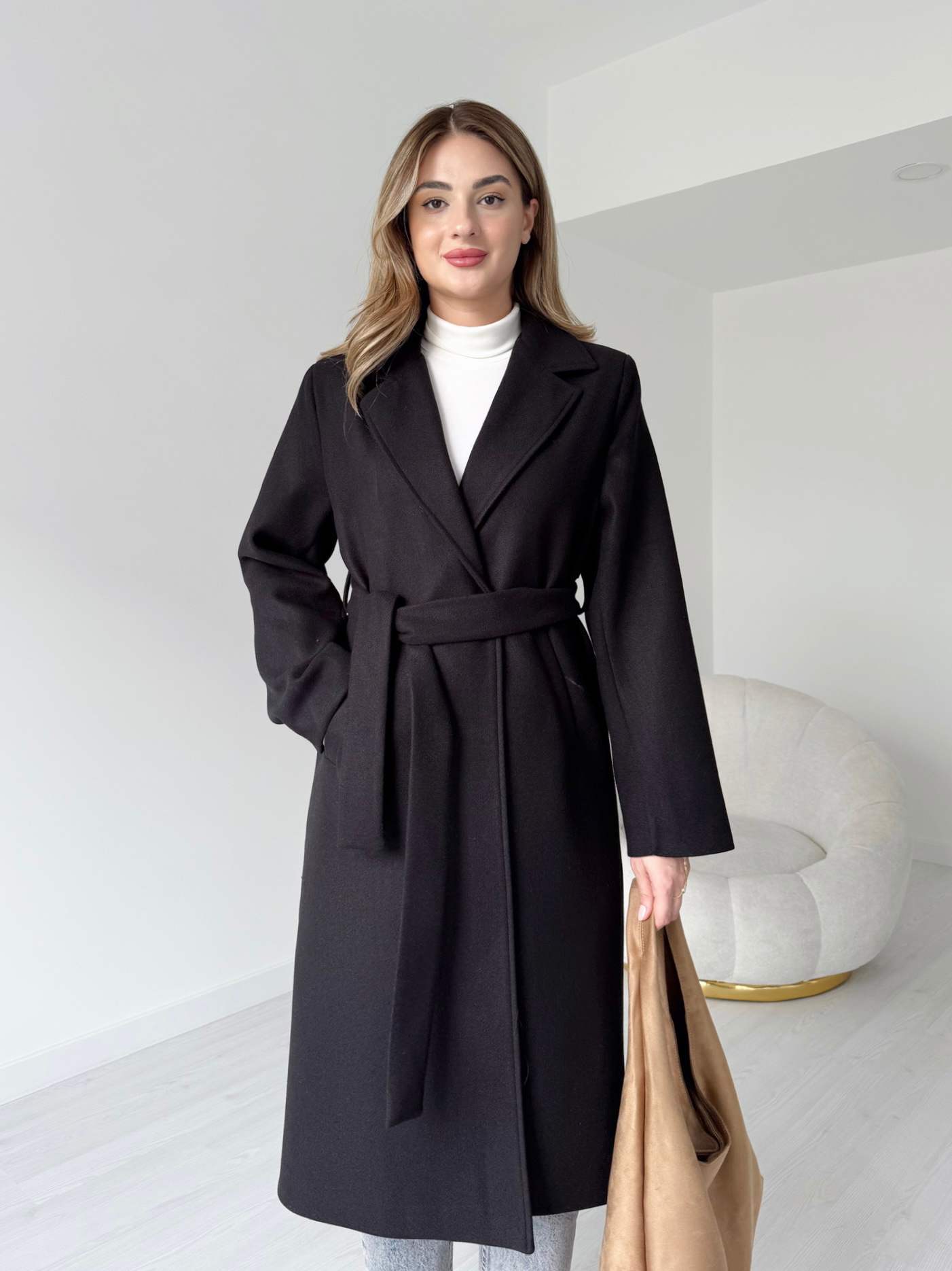 Kuşaklı Uzun Premium Kaşe Kaban