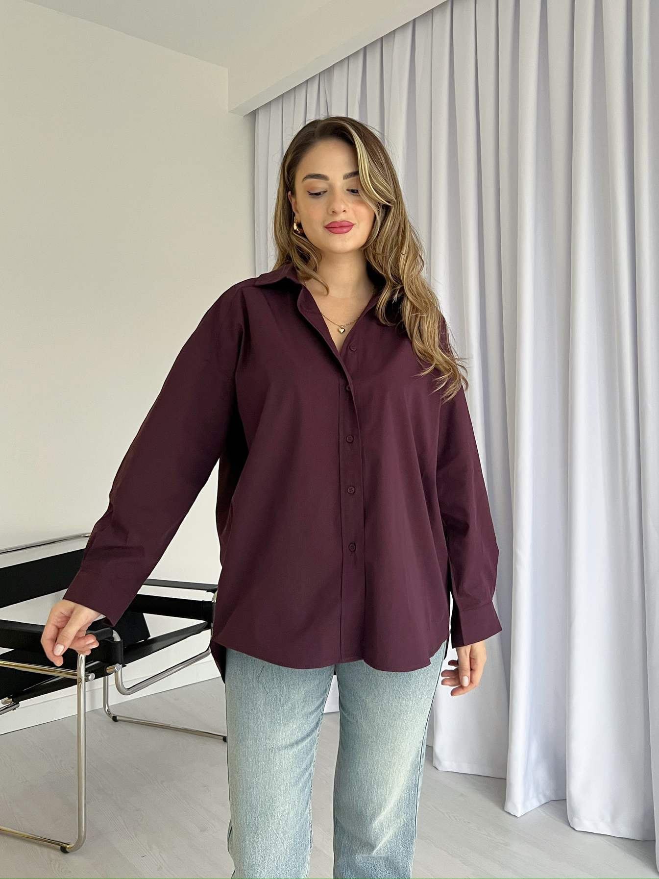 Oversize Arkası Uzun Basic Poplin Gömlek - Bordo