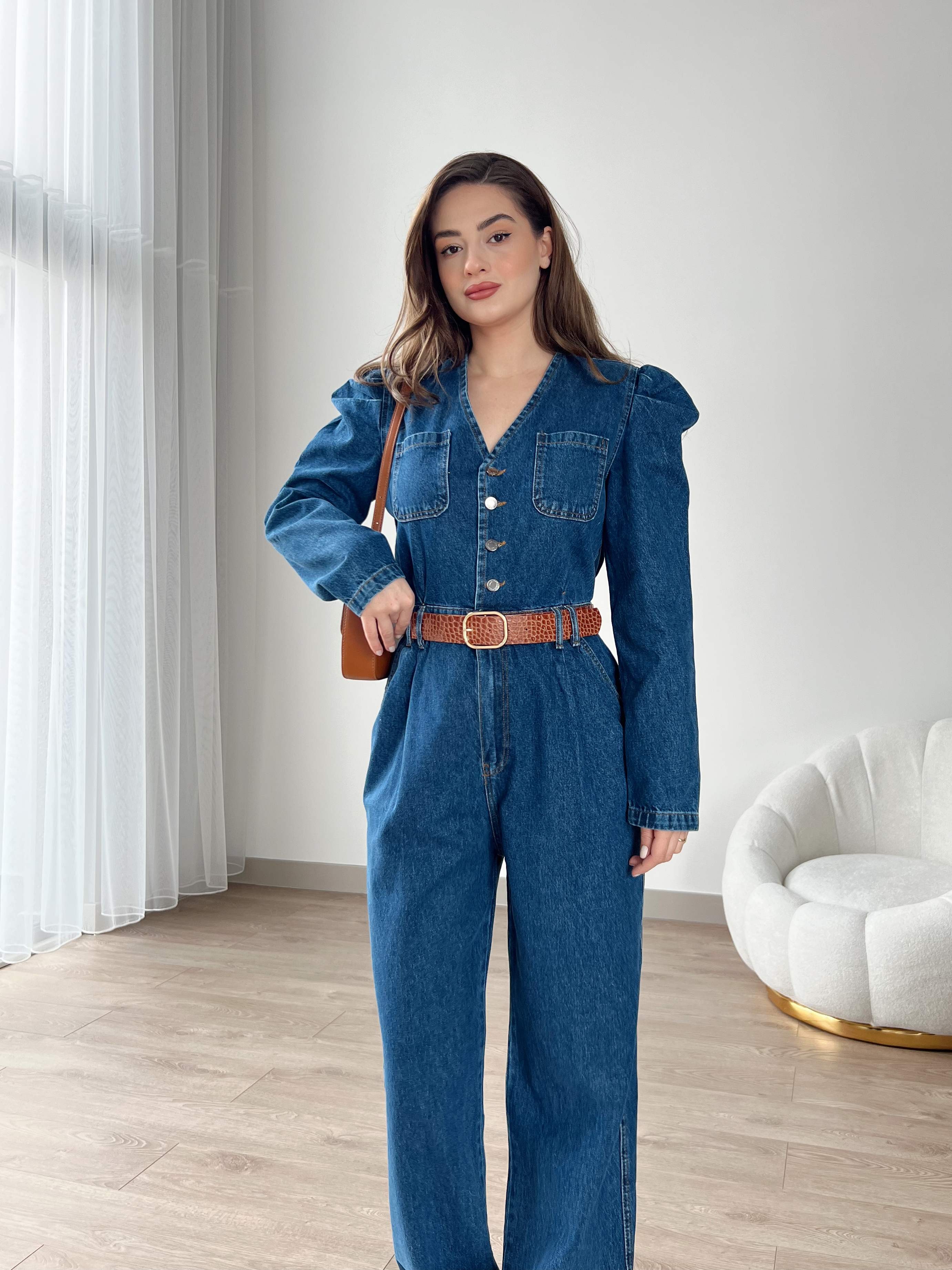 Omuz Detaylı Kemerli Denim Tulum