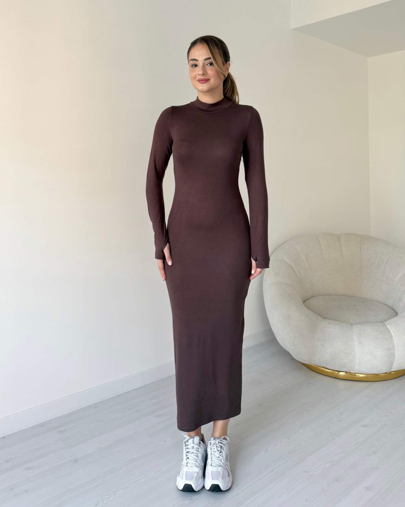 Parmak Geçirmeli Uzun Basic Elbise