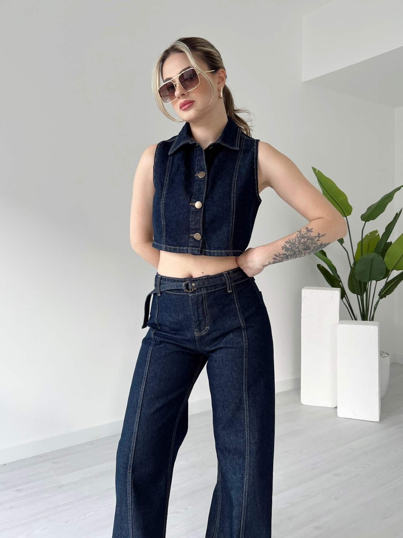 İnce Kemerli Pantolon Yelek Denim Takım
