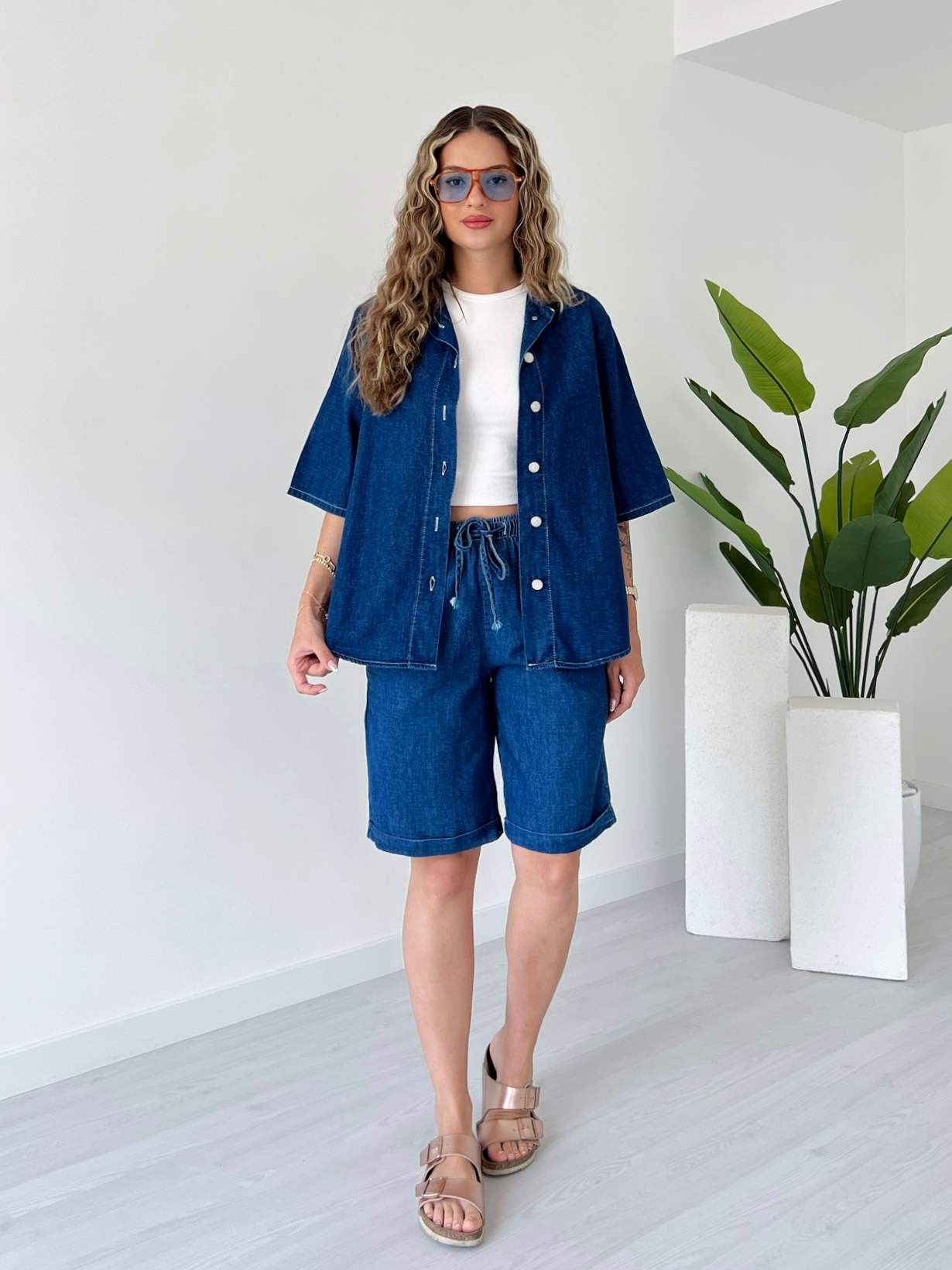 Şortlu Denim Takım - Mavi