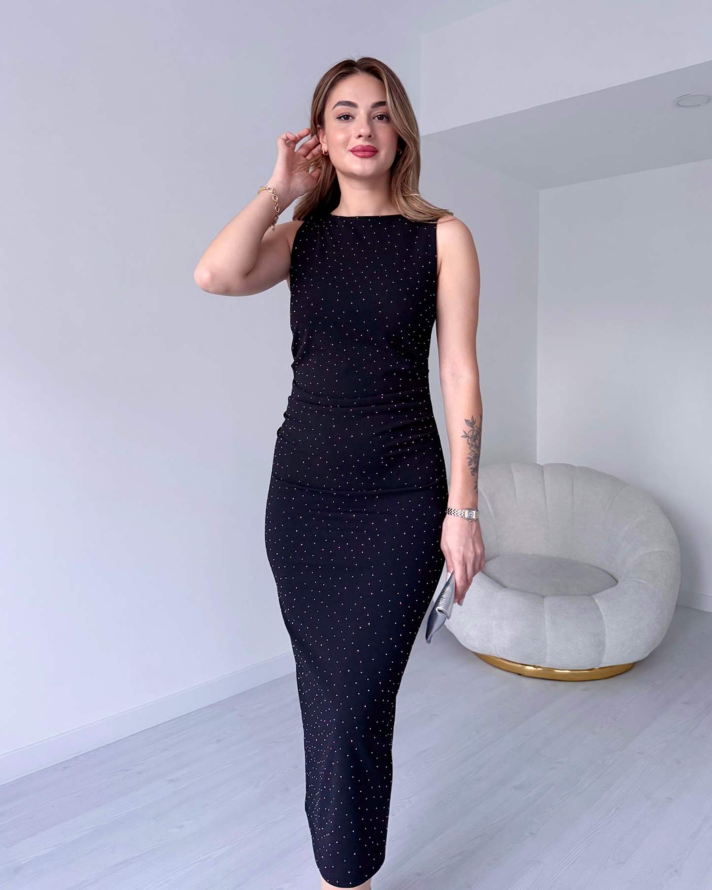 Sıfır Kol Taş Süslemeli ARWEN Elbise - Siyah