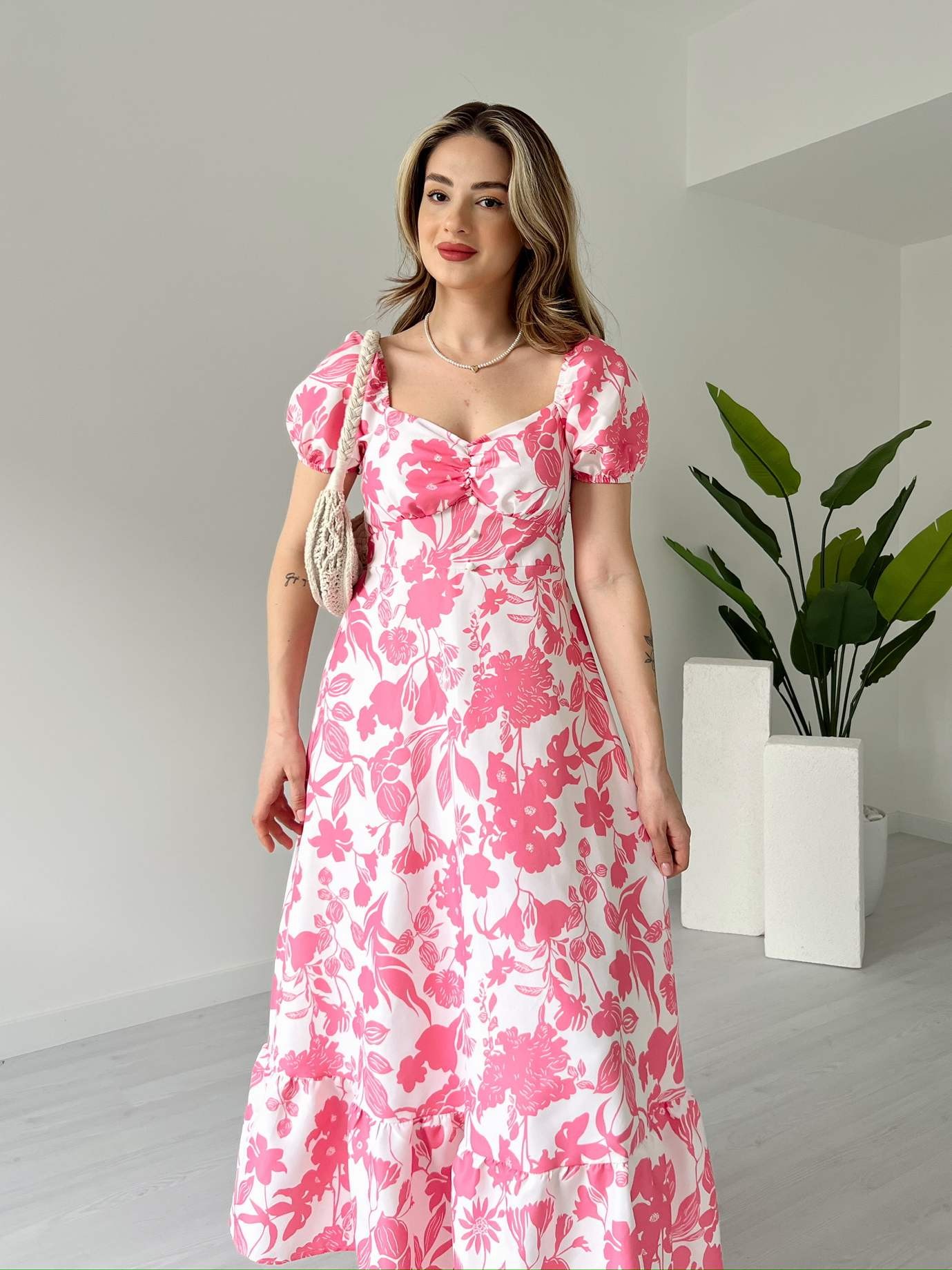 Pembe Çiçekli Poplin Elbise
