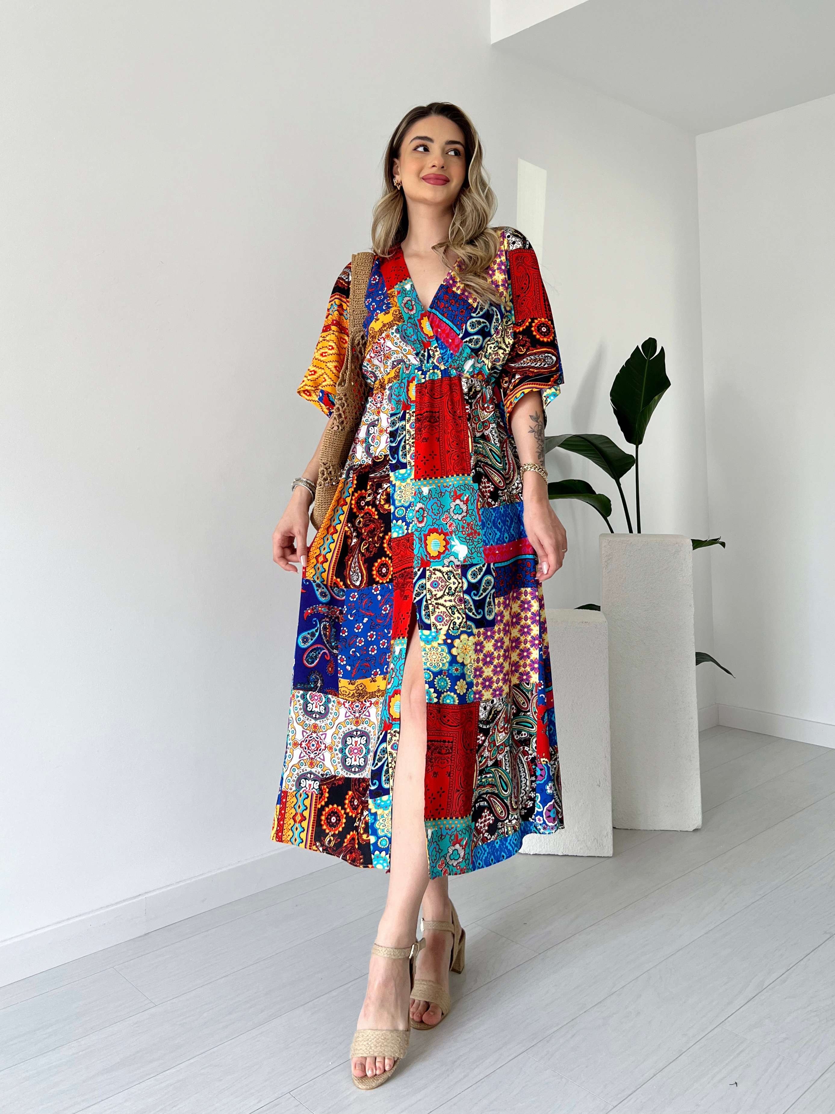 Kilim Desen Beli Lastikli Elbise - Çok Renkli