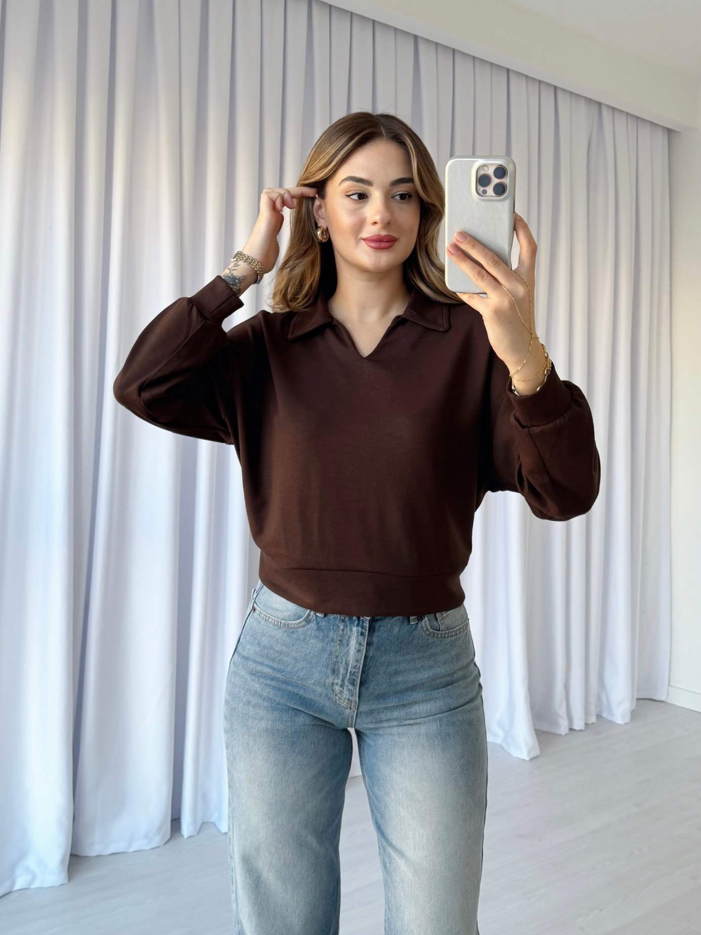 Modal Kumaş Yakalı Bluz - Kahve