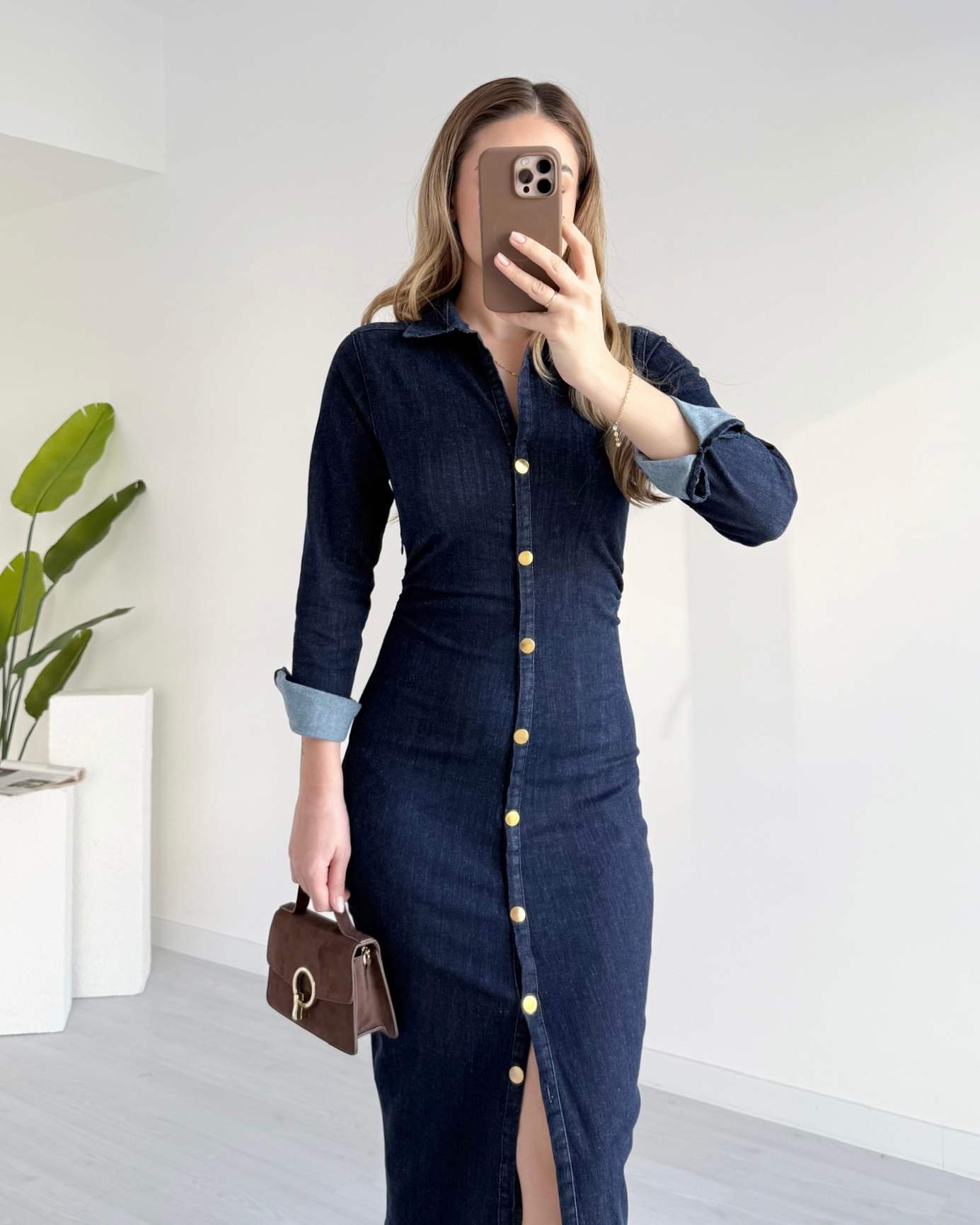 Midi Boy Likralı Denim Elbise