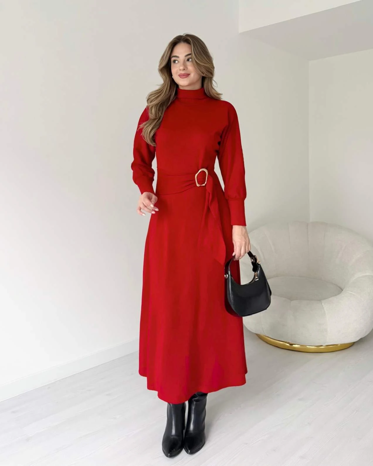 Balıkçı Yaka Kuşak Detaylı Triko Elbise