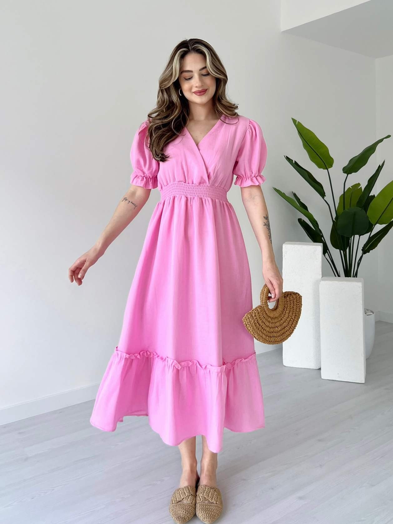 Bel Gipeli Karpuz Kol Müslin Elbise - Pembe