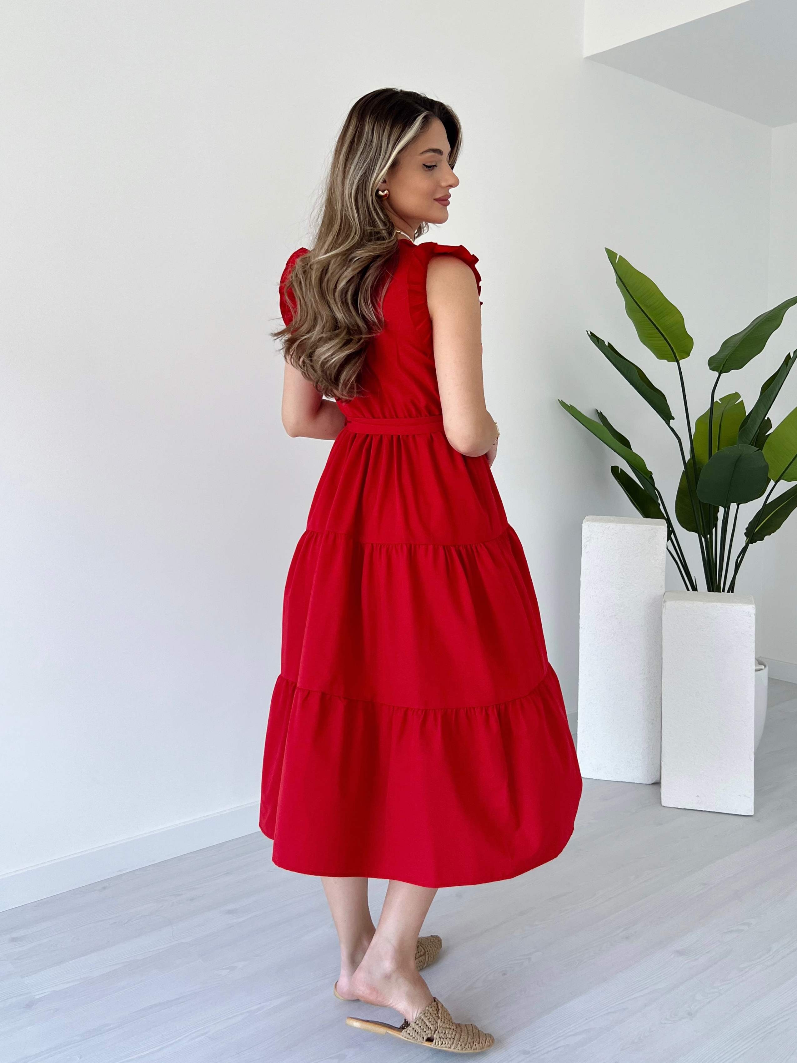Yaka ve Kolları Fırfırlı Poplin Elbise - Kırmızı