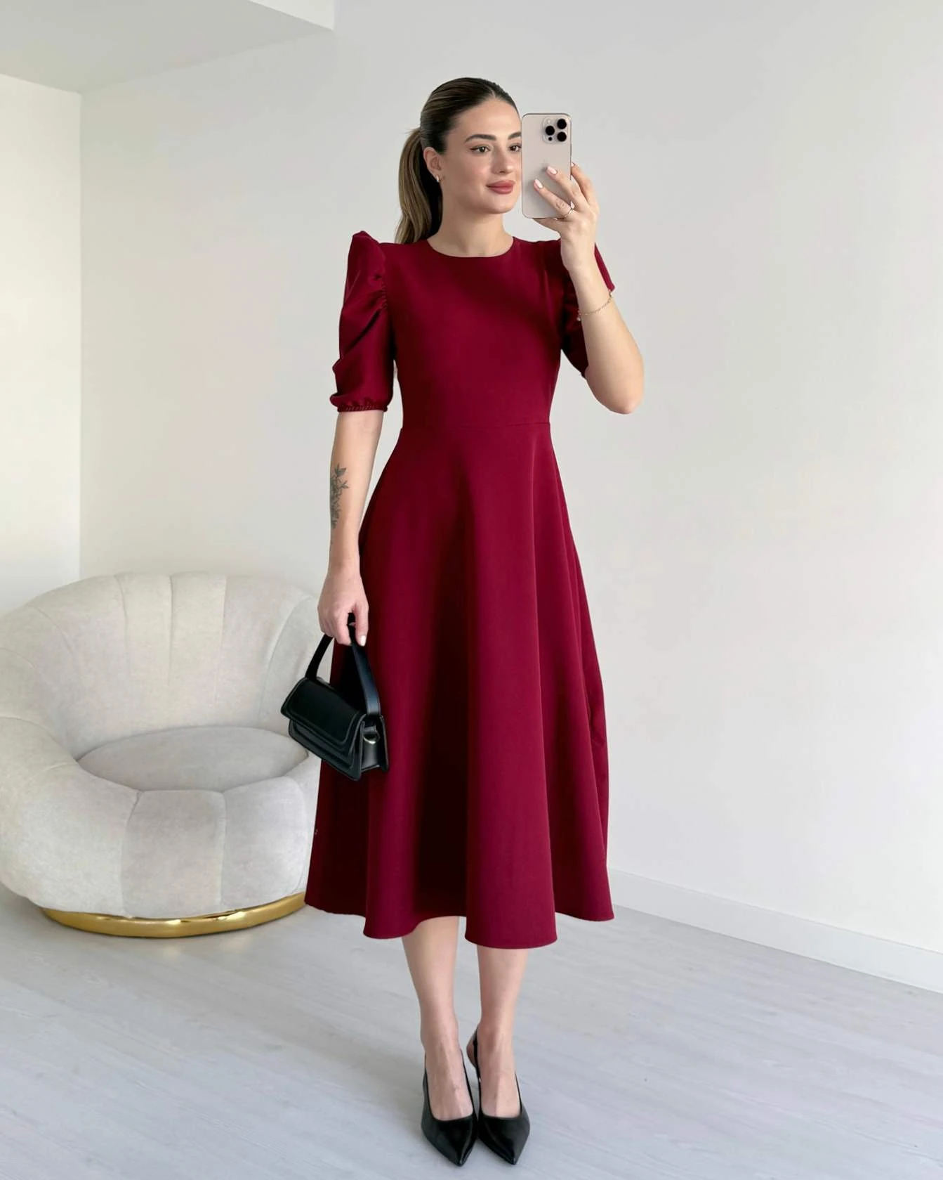 Prenses Kol HEIDI Elbise - Bordo