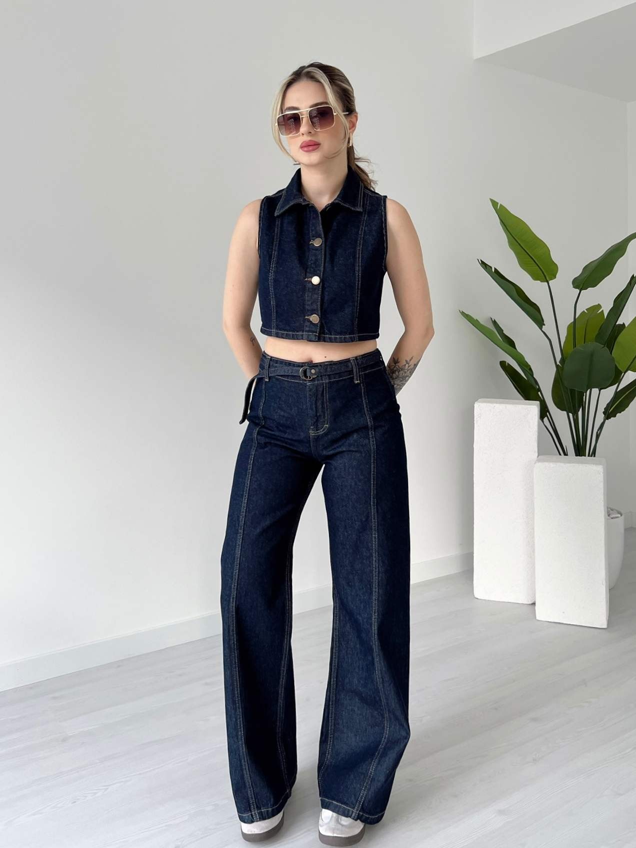 İnce Kemerli Pantolon Yelek Denim Takım - Raw Yıkama
